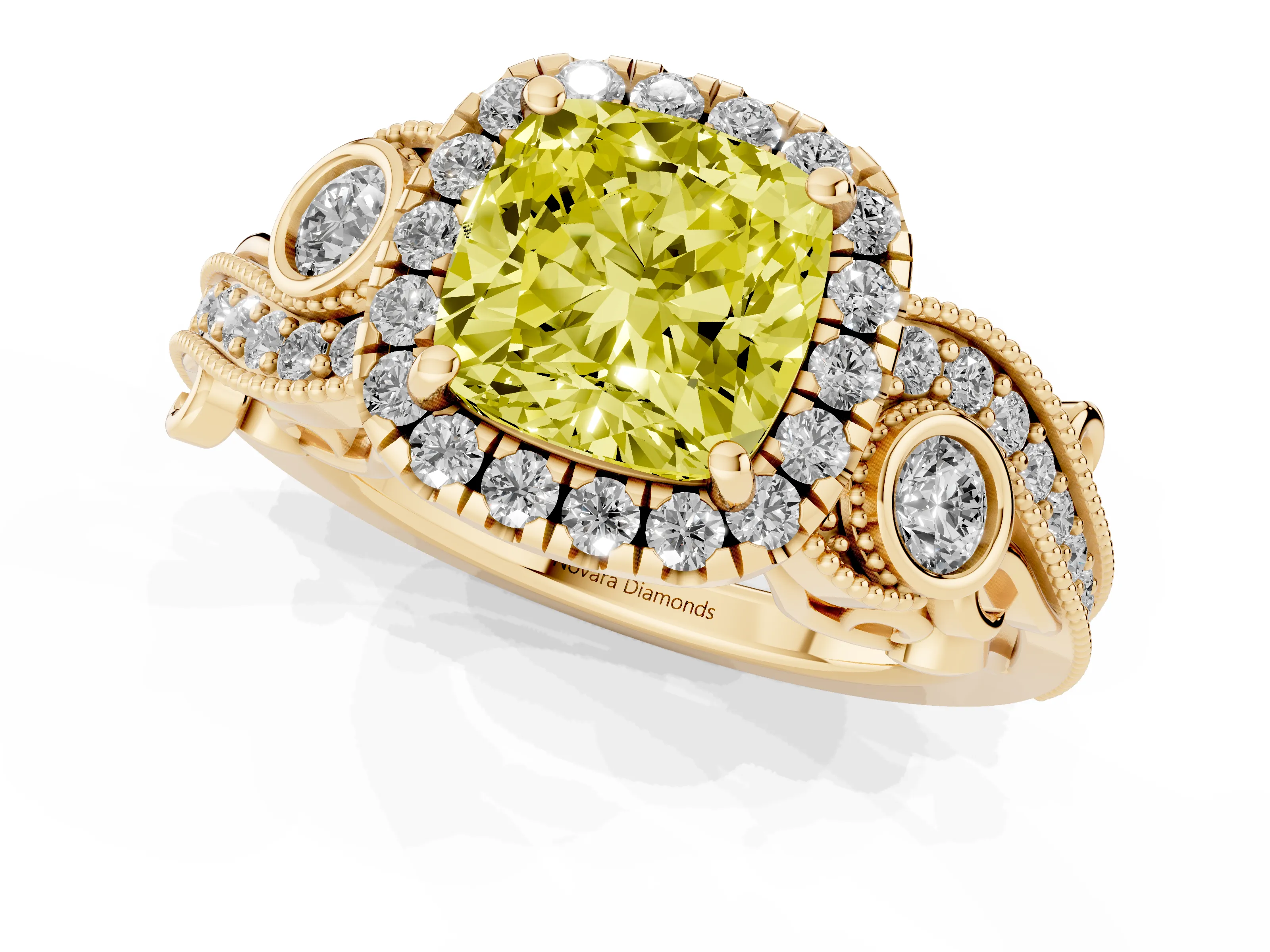 Fancy Yellow Cushion Cut Diamond Halo Ring Set in Yellow gold with Milgrain Pavé Band and Prong Setting