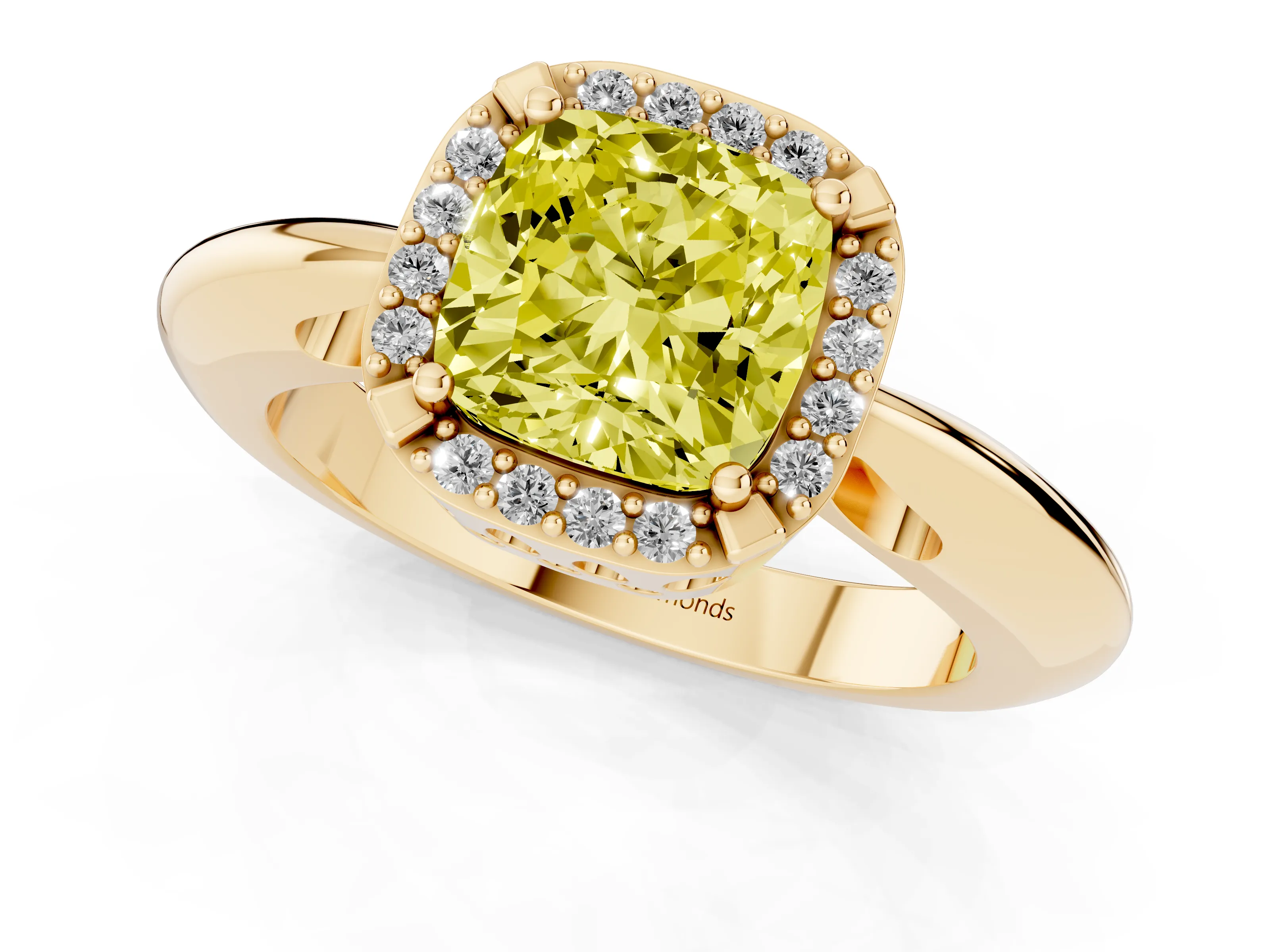 Fancy Yellow Cushion Cut Diamond Halo Engagement Ring Set in Yellow gold with Plain Split Shank and Prong Setting