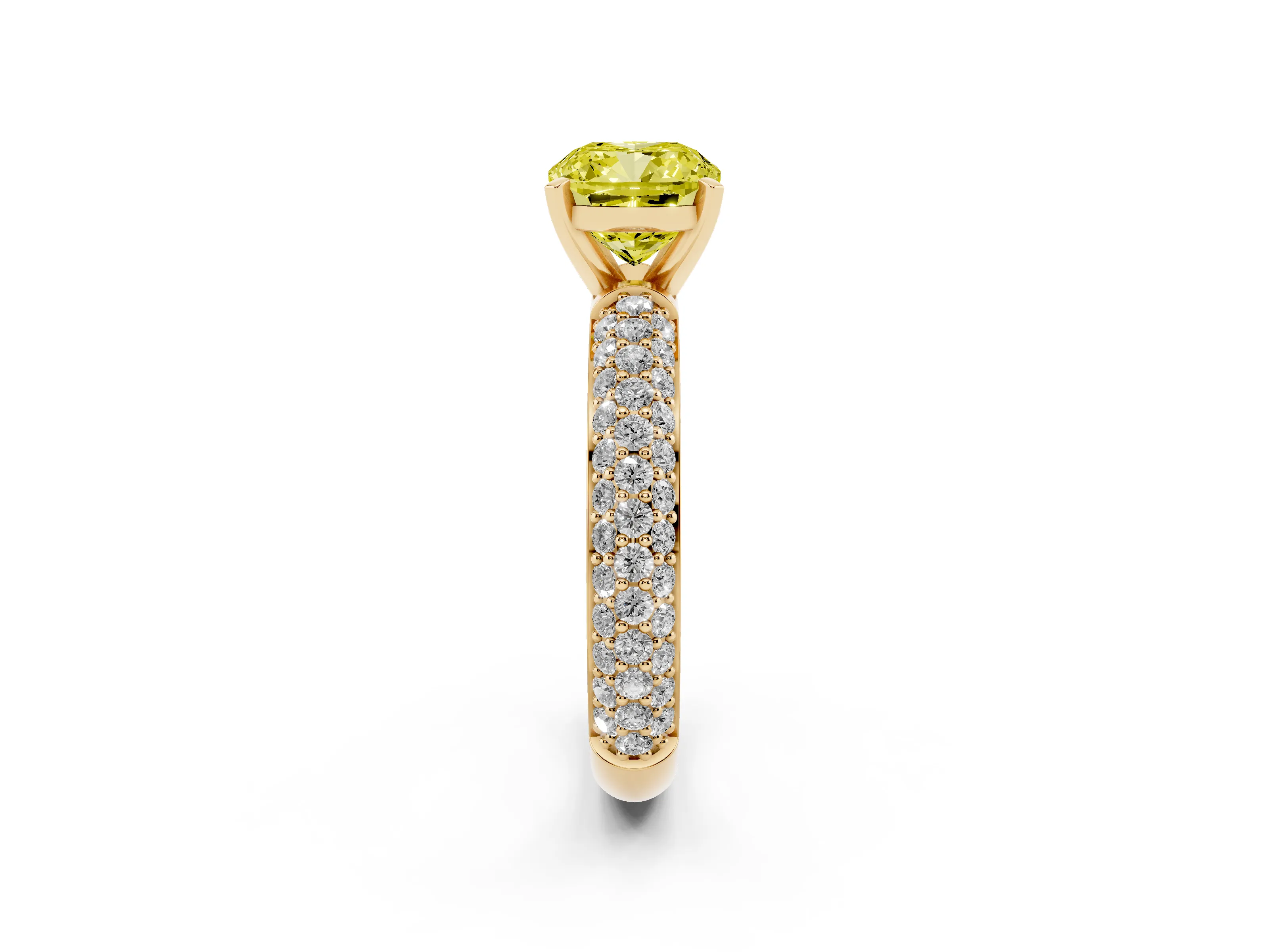 Fancy Yellow Cushion Cut Diamond Solitaire Ring Set in Yellow gold with Prong Setting and Pavé-Set Band