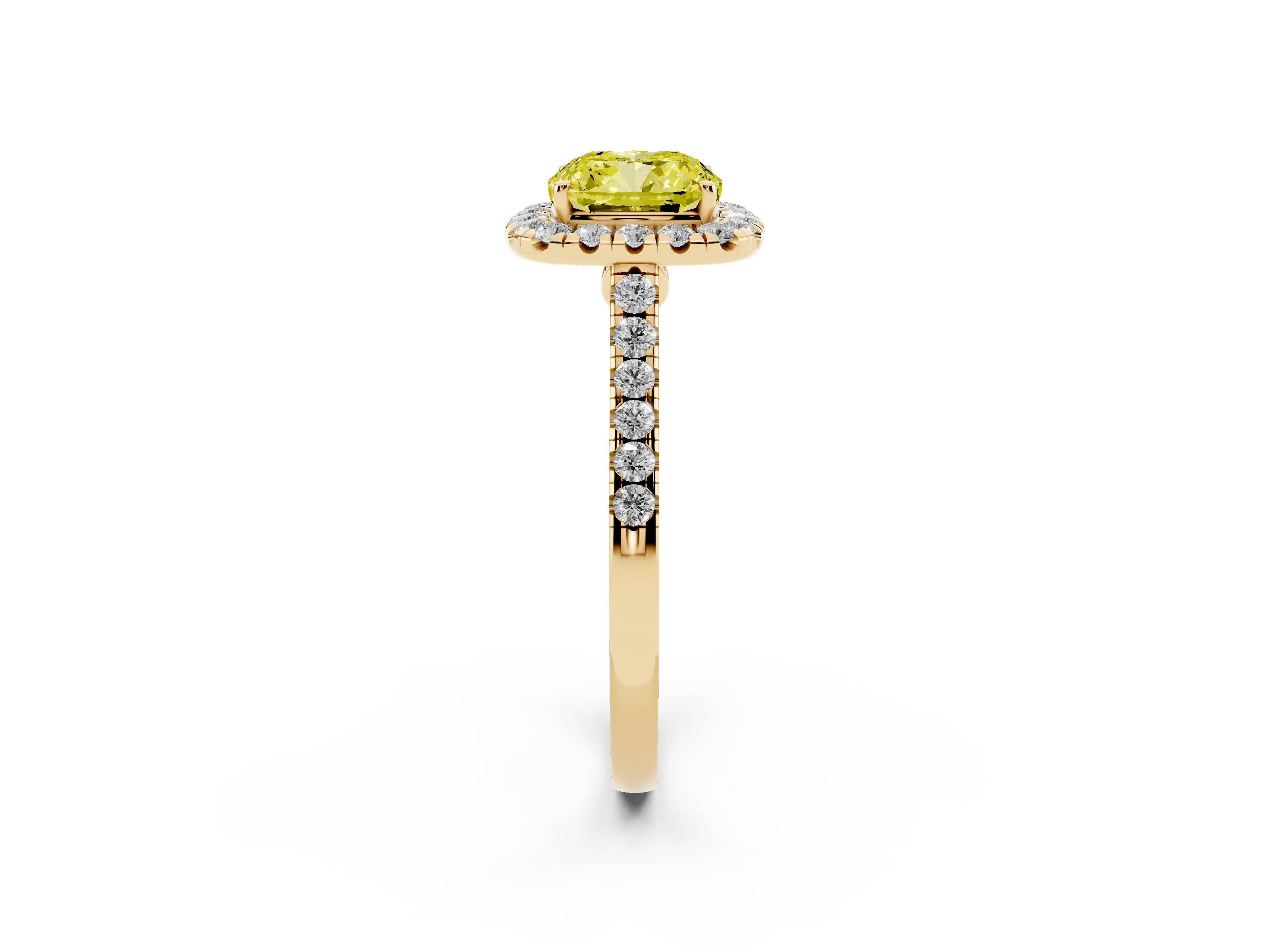 Fancy Yellow Cushion Cut Diamond Halo Pavé Engagement Ring Set in Yellow gold with Prong Setting