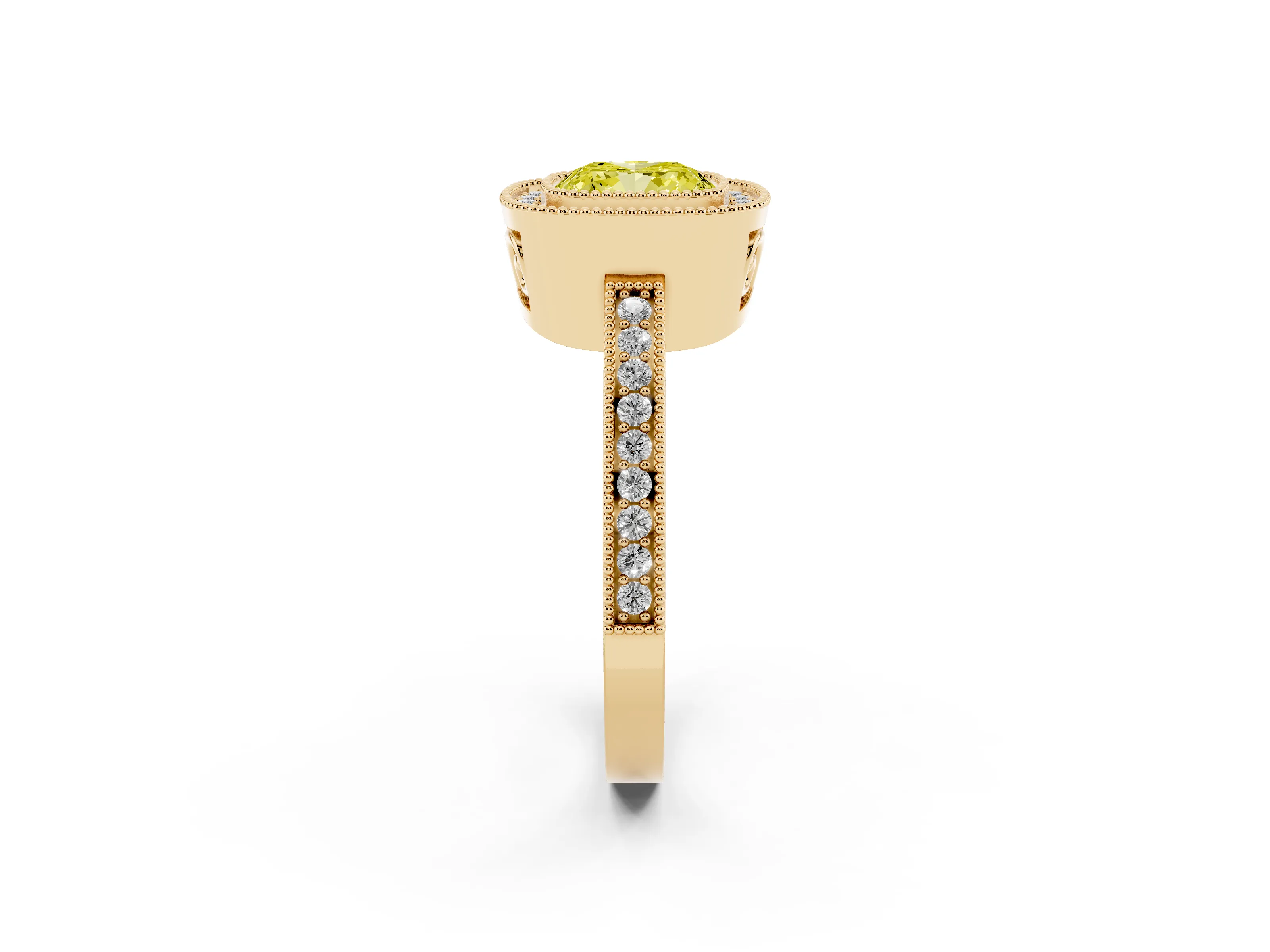Fancy Yellow Cushion Cut Diamond Round Halo Ring Set in Yellow gold with Pavé Band