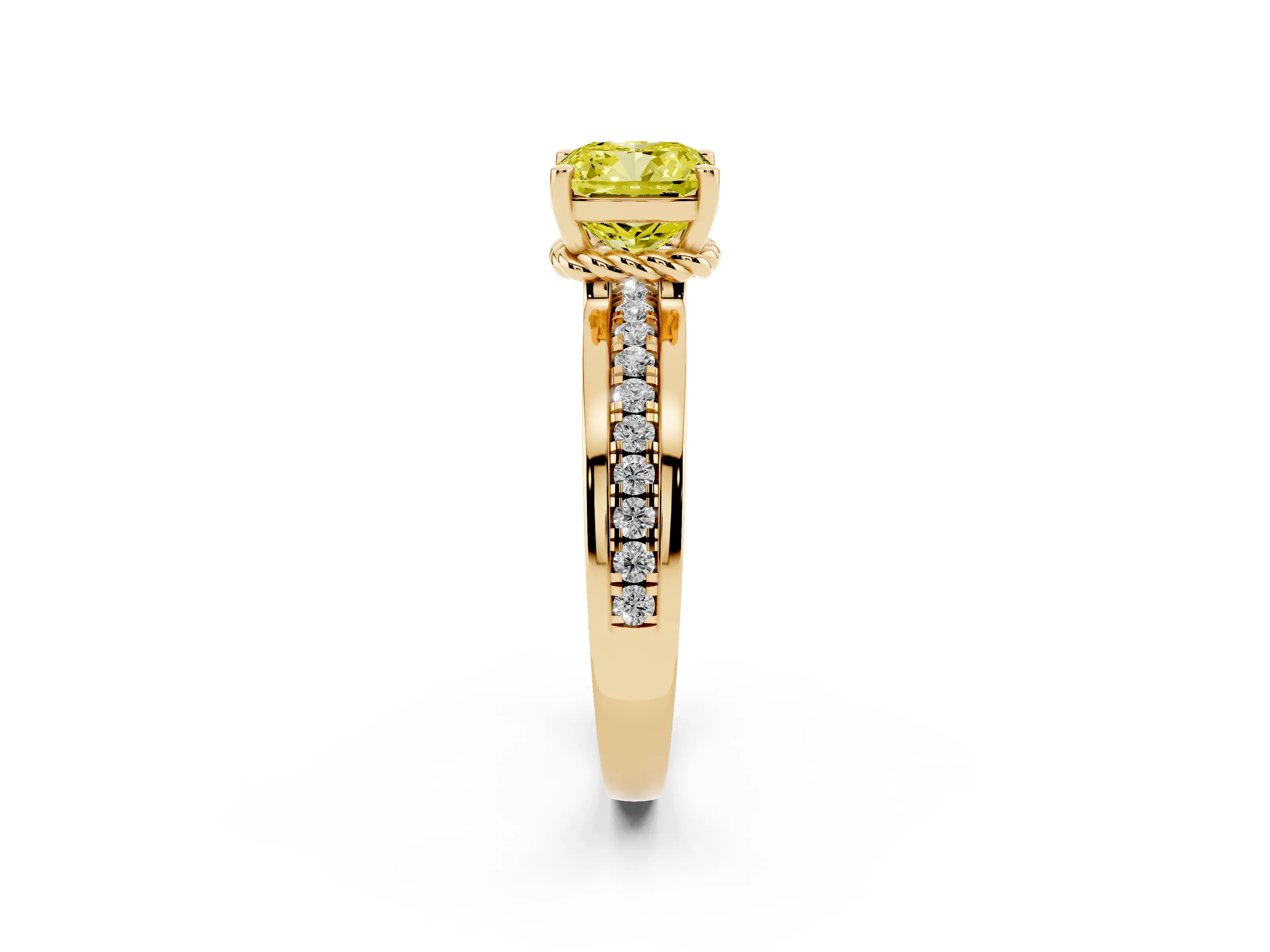 Fancy Yellow Cushion Cut Diamond Solitaire Ring Set in Yellow gold with Channel Set Band and Prong Setting