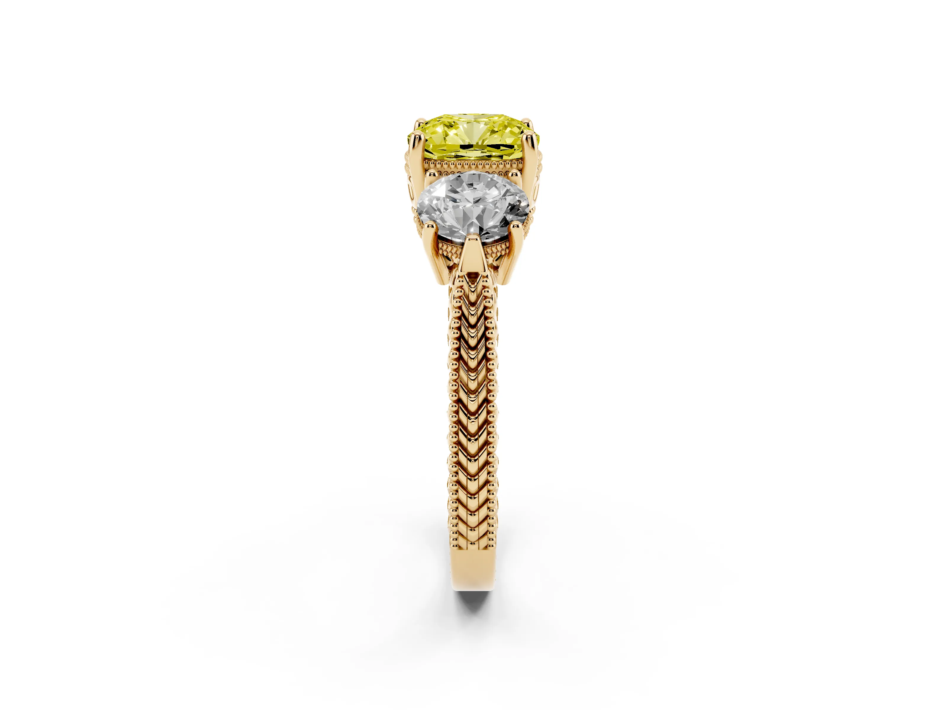 Fancy Yellow Cushion Cut Diamond Three-Stone Ring Set in Yellow gold with Milgrain Band