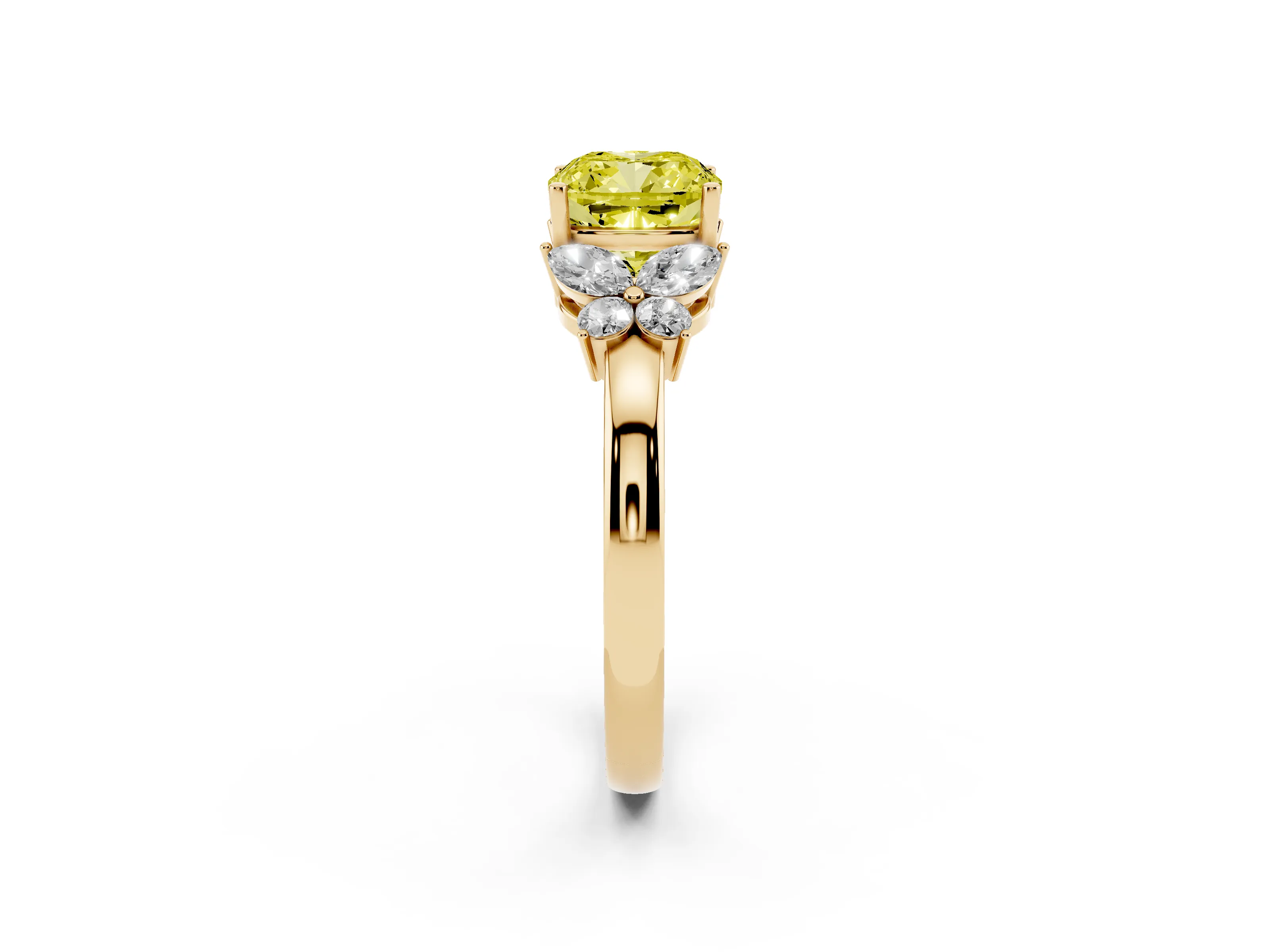 Fancy Yellow Cushion Cut Diamond Solitaire Floral Ring Set in Yellow gold with Marquise Petals and Prong Setting