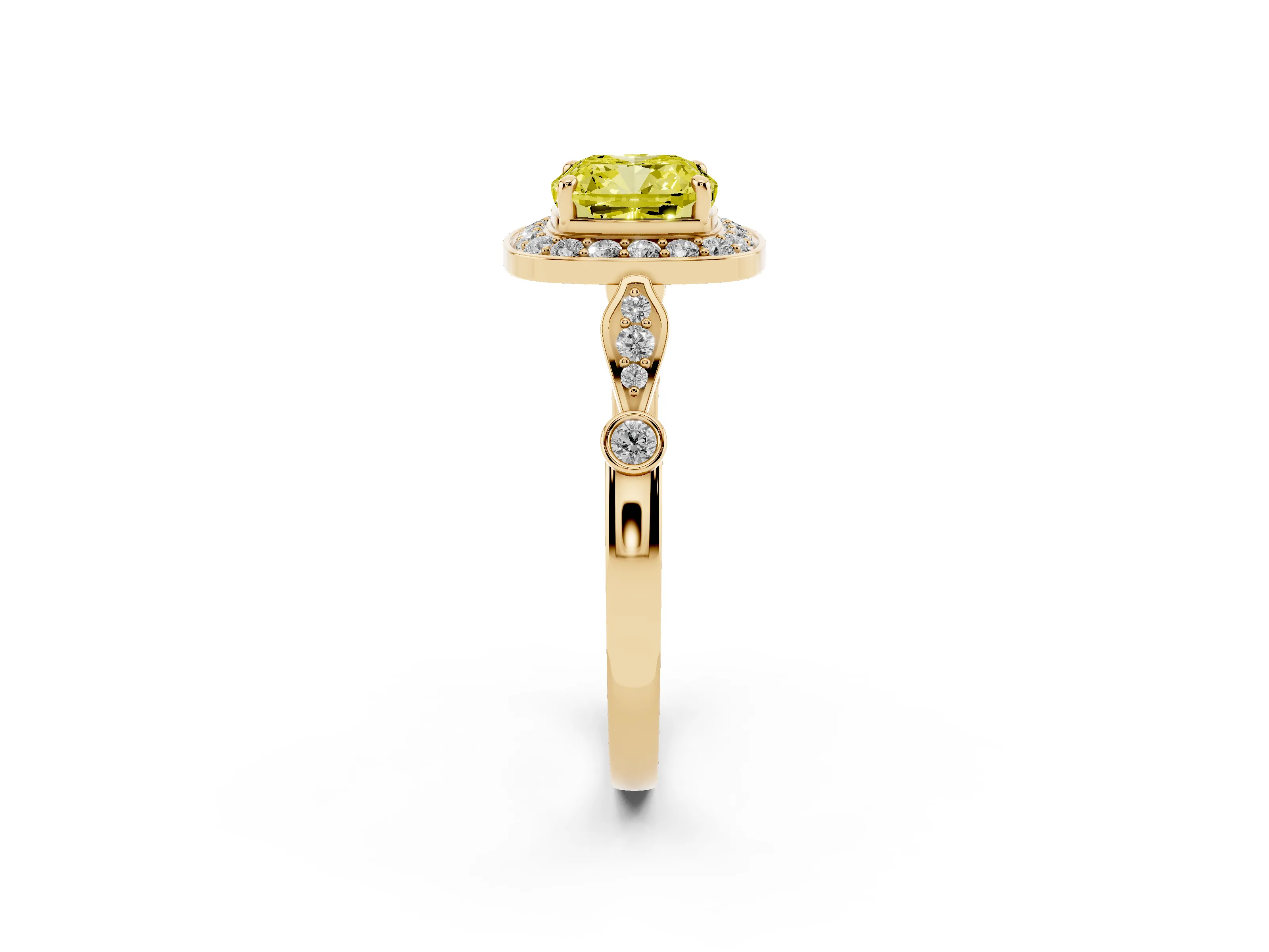 Fancy Yellow Cushion Cut Diamond Halo Engagement Ring Set in Yellow gold with Twisted Band and Prong Setting
