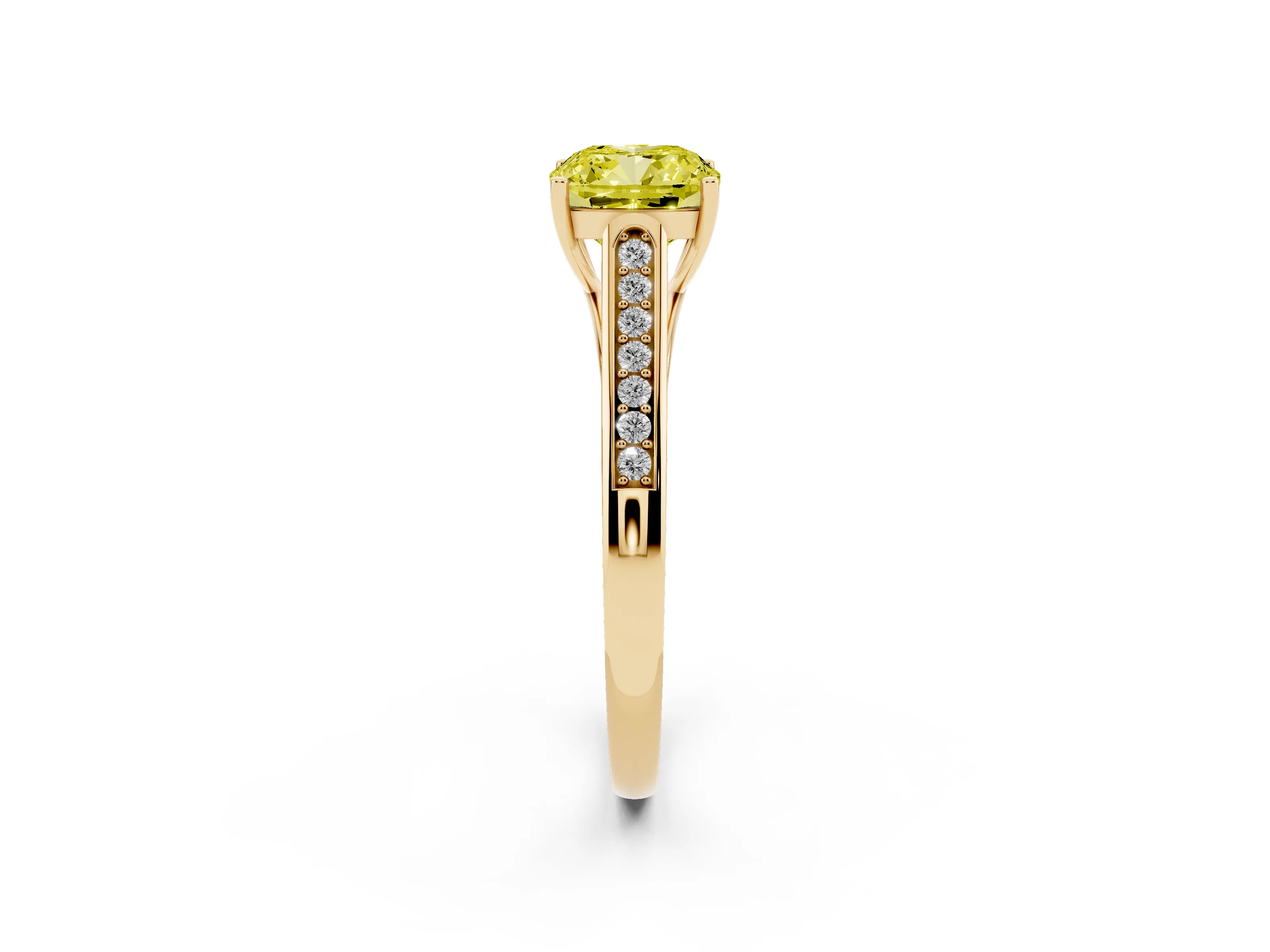 Fancy Yellow Cushion Cut Diamond Solitaire Cathedral Engagement Ring Set in Yellow gold with Channel-Set Band and Prong Setting