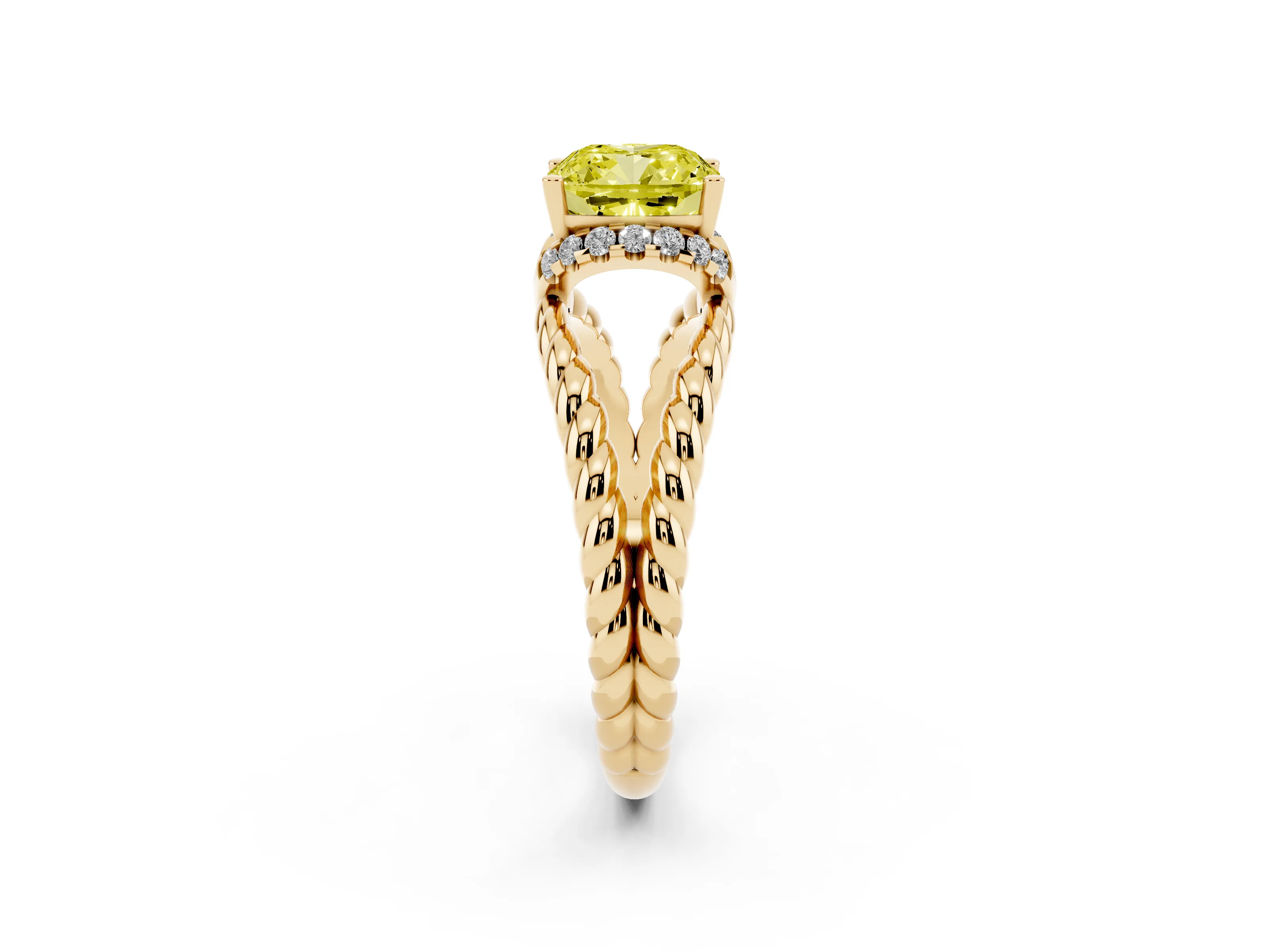 Fancy Yellow Cushion Cut Diamond Halo Ring Set in Yellow gold with Twisted Band and Prong Setting