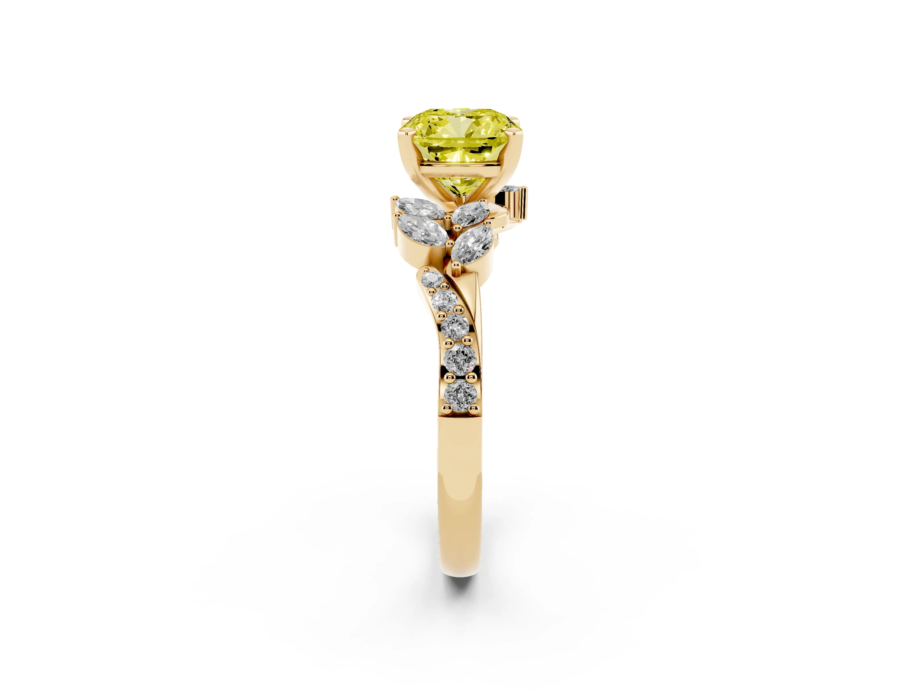 Fancy Yellow Cushion Cut Diamond Solitaire Ring Set in Yellow gold with Marquise Twist Band and Prong Setting