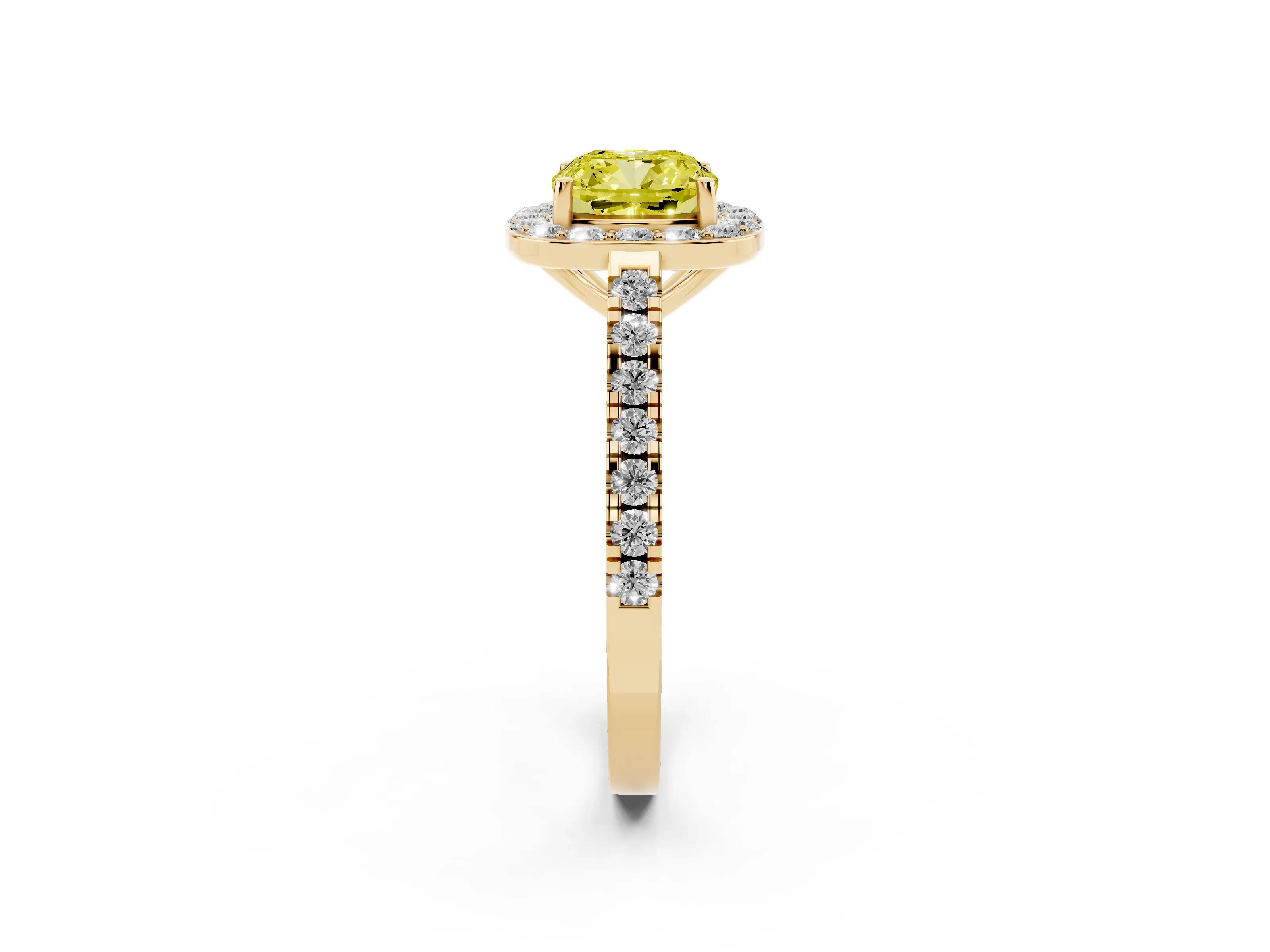 Fancy Yellow Cushion Cut Diamond Halo Ring Set in Yellow gold with Round Pavé Split Shank and Prong Setting