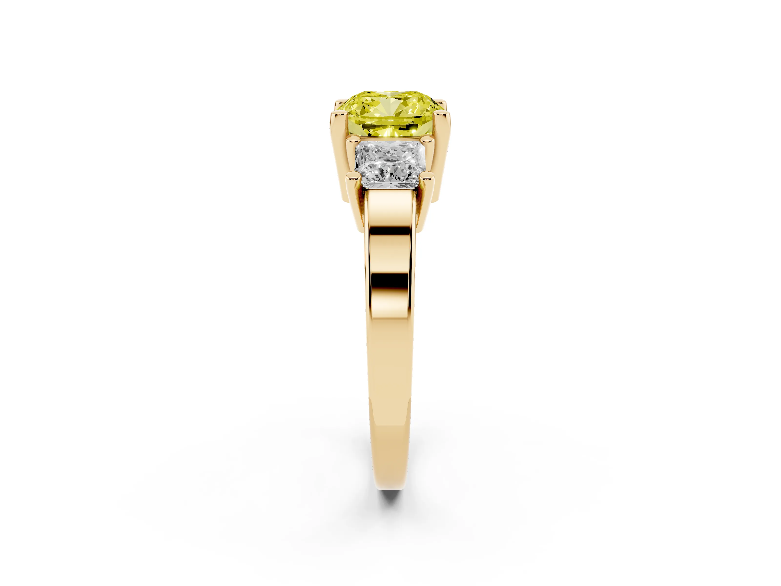 Fancy Yellow Three-Stone Cushion Cut Diamond Solitaire Ring Set in Yellow gold with Prong Setting