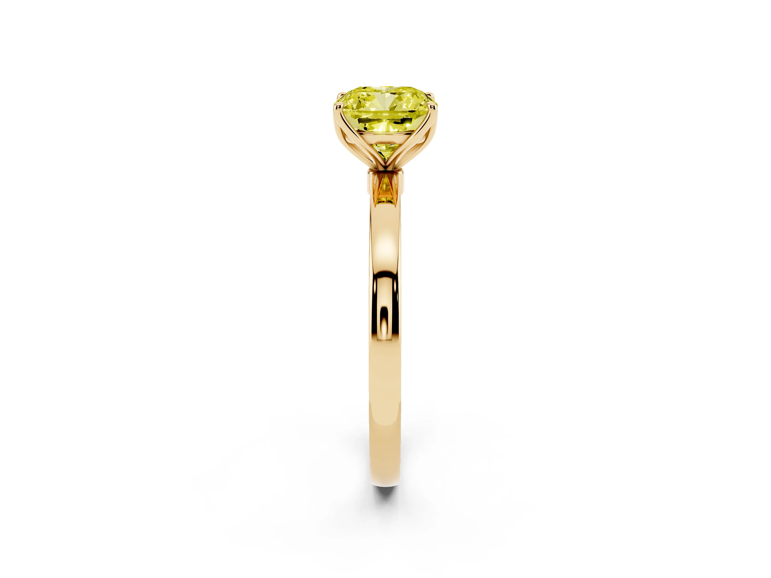 Fancy Yellow Cushion Cut Diamond Solitaire Ring Set in Yellow gold with Prong Setting and Thin Polished Band