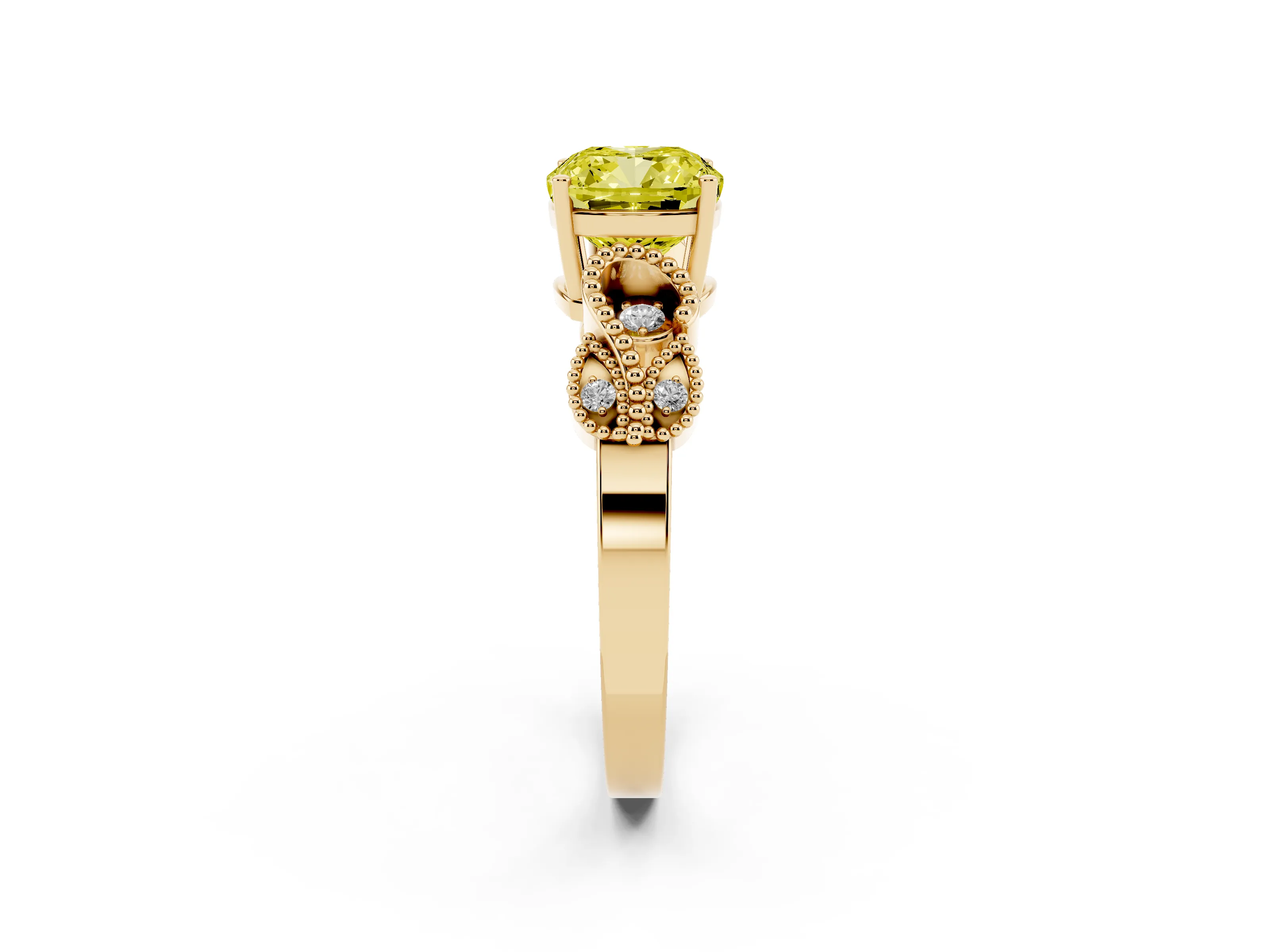 Fancy Yellow Cushion Cut Diamond Milgrain Leaf Band Solitaire Ring Set in Yellow gold with Accent Stones and Prong Setting