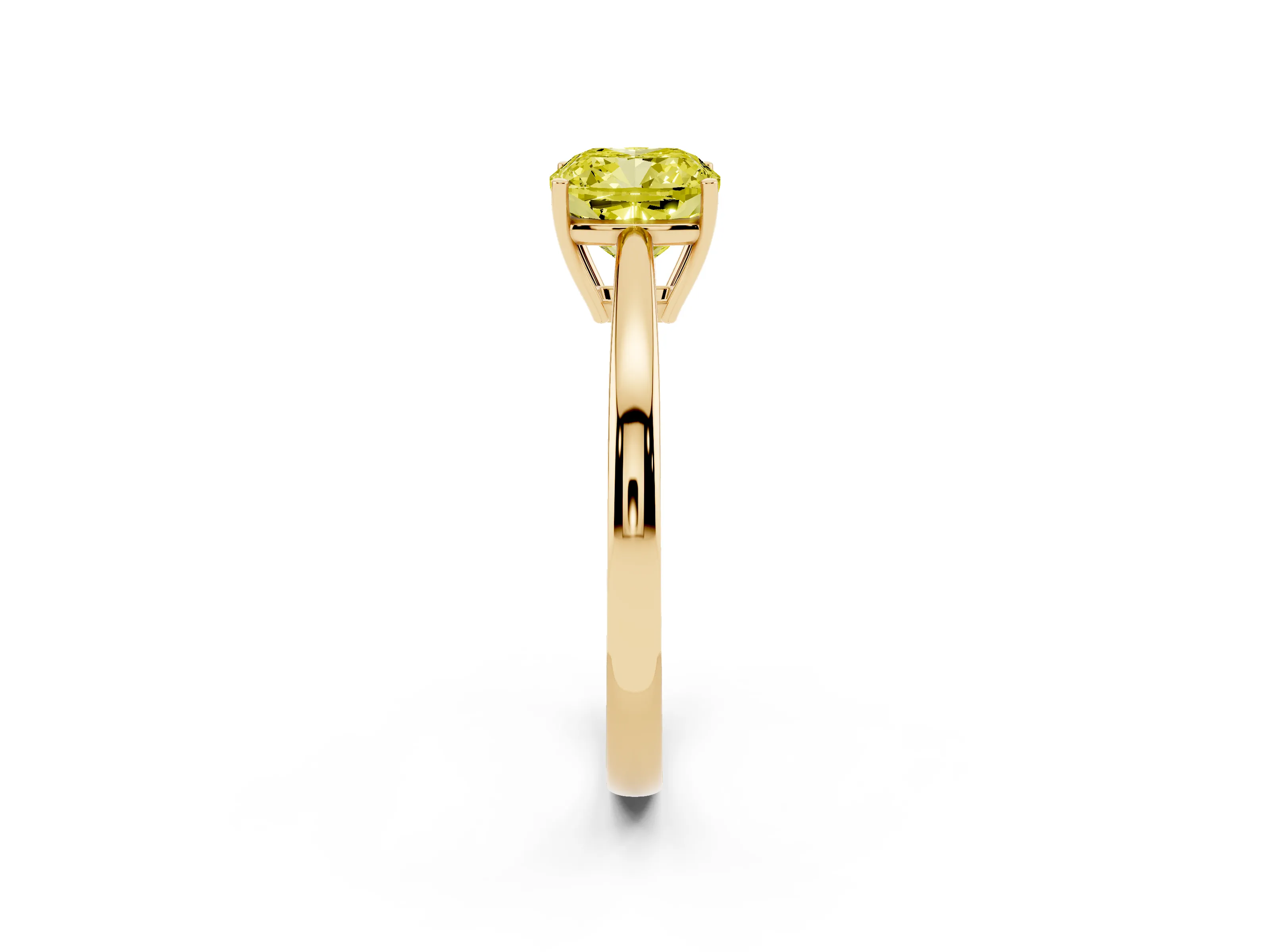 Fancy Yellow Cushion Cut Diamond Solitaire Ring Set in Yellow gold with Split Shank and Prong Setting