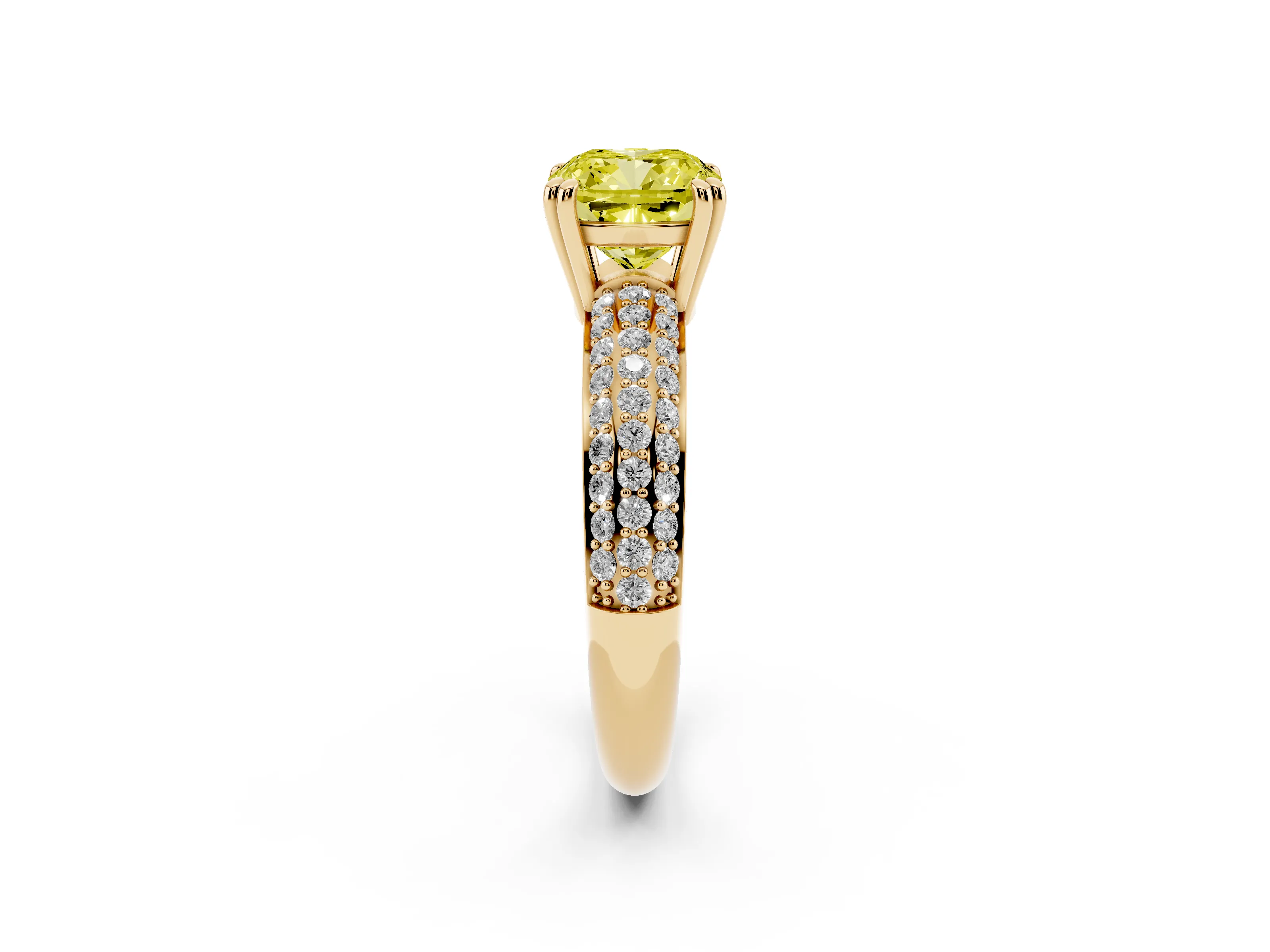 Fancy Yellow Cushion Cut Diamond Solitaire Ring Set in Yellow gold with Multi-Row Round Pavé Band and Prong Setting
