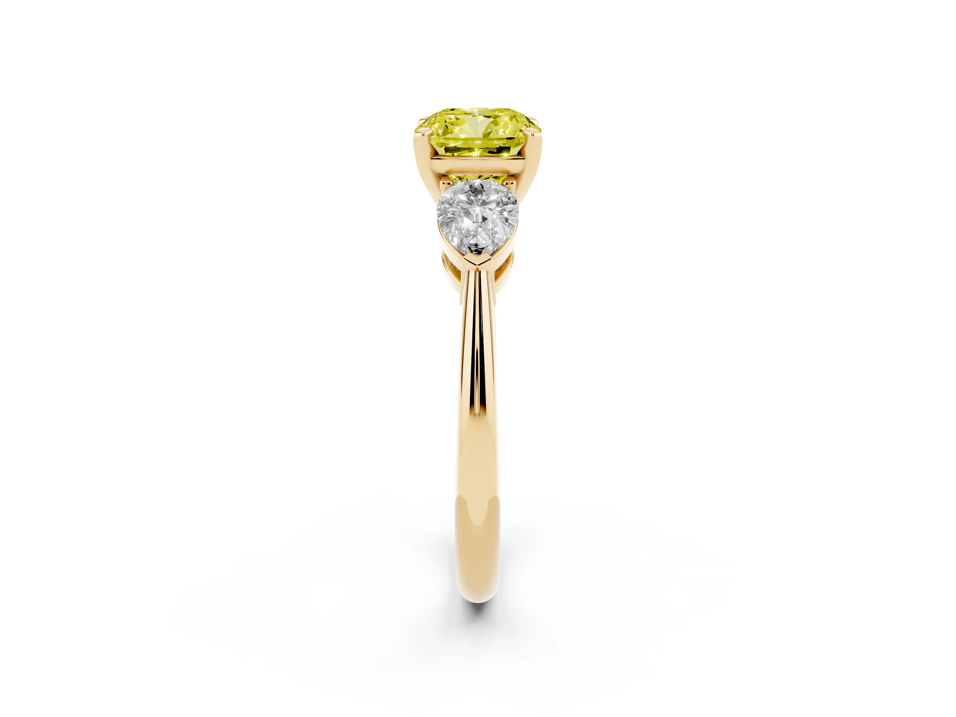 Fancy Yellow Three-Stone Cushion Cut Diamond Ring Set in Yellow gold with Pear Side Stones and Prong Setting