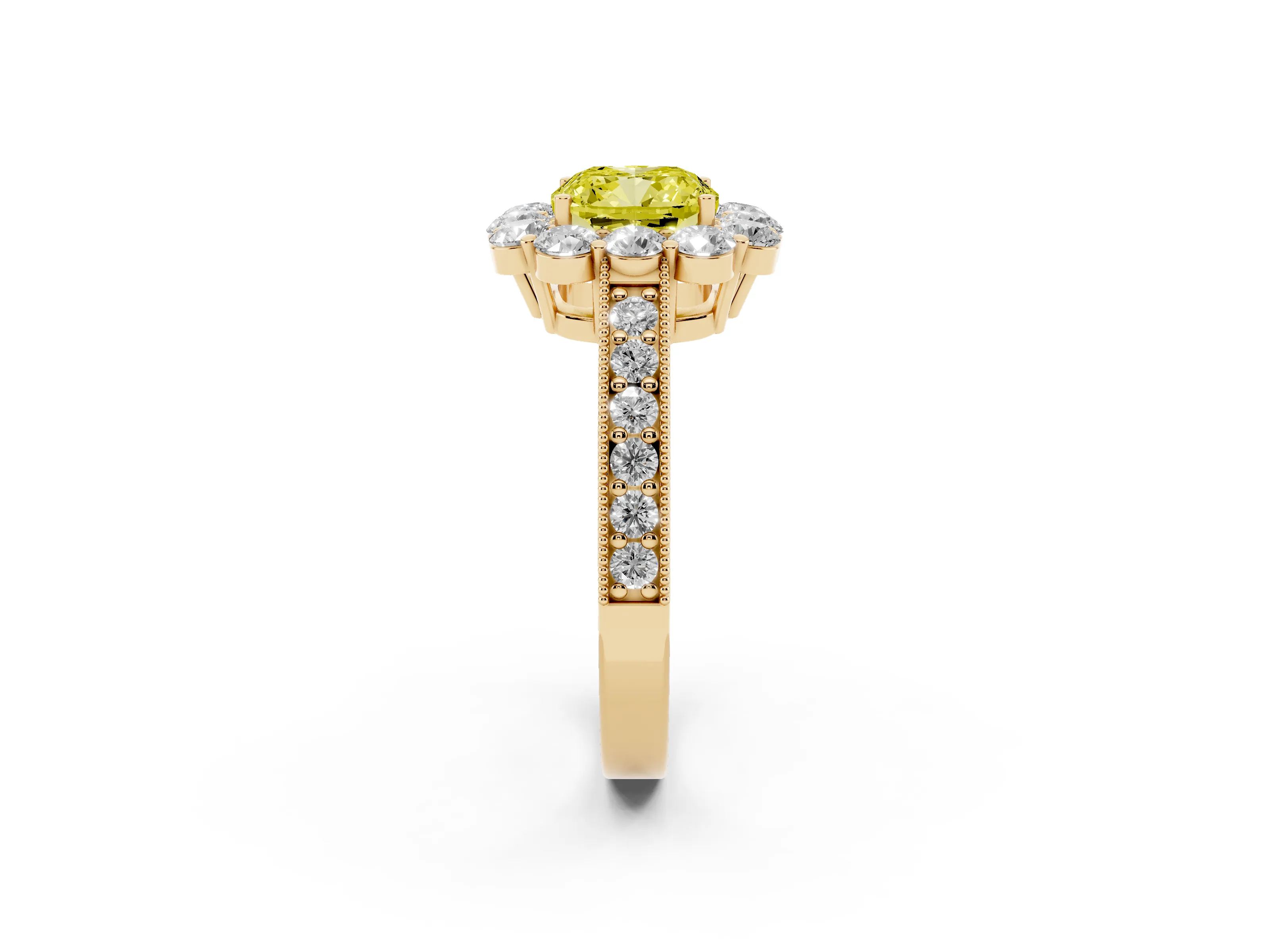 Fancy Yellow Cushion Cut Diamond Halo Pavé Engagement Ring Set in Yellow gold with Milgrain Detailing