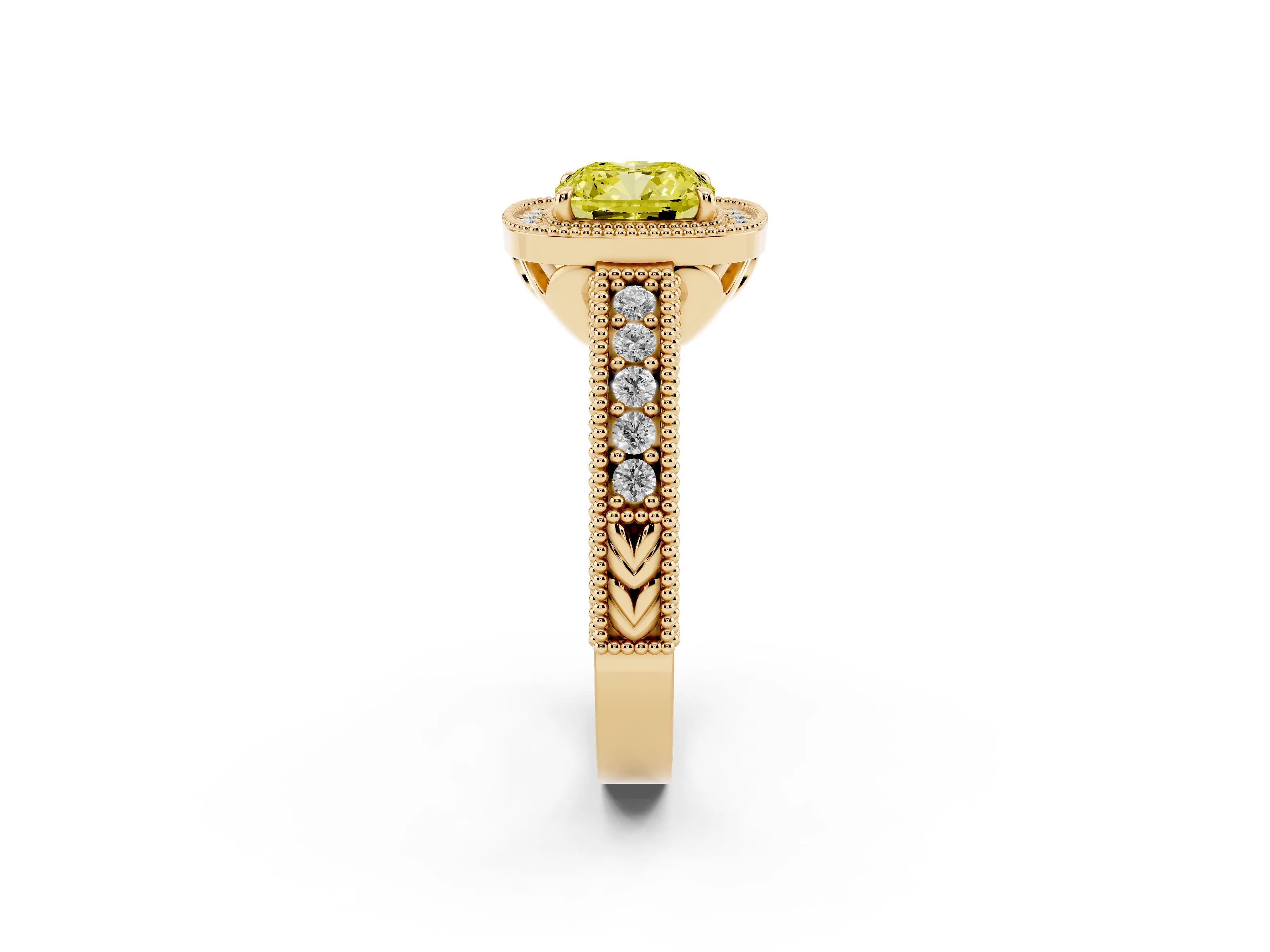 Fancy Yellow Cushion Cut Diamond Halo Ring Set in Yellow gold with Round Accent Halo, Pavé Band and Prong Setting