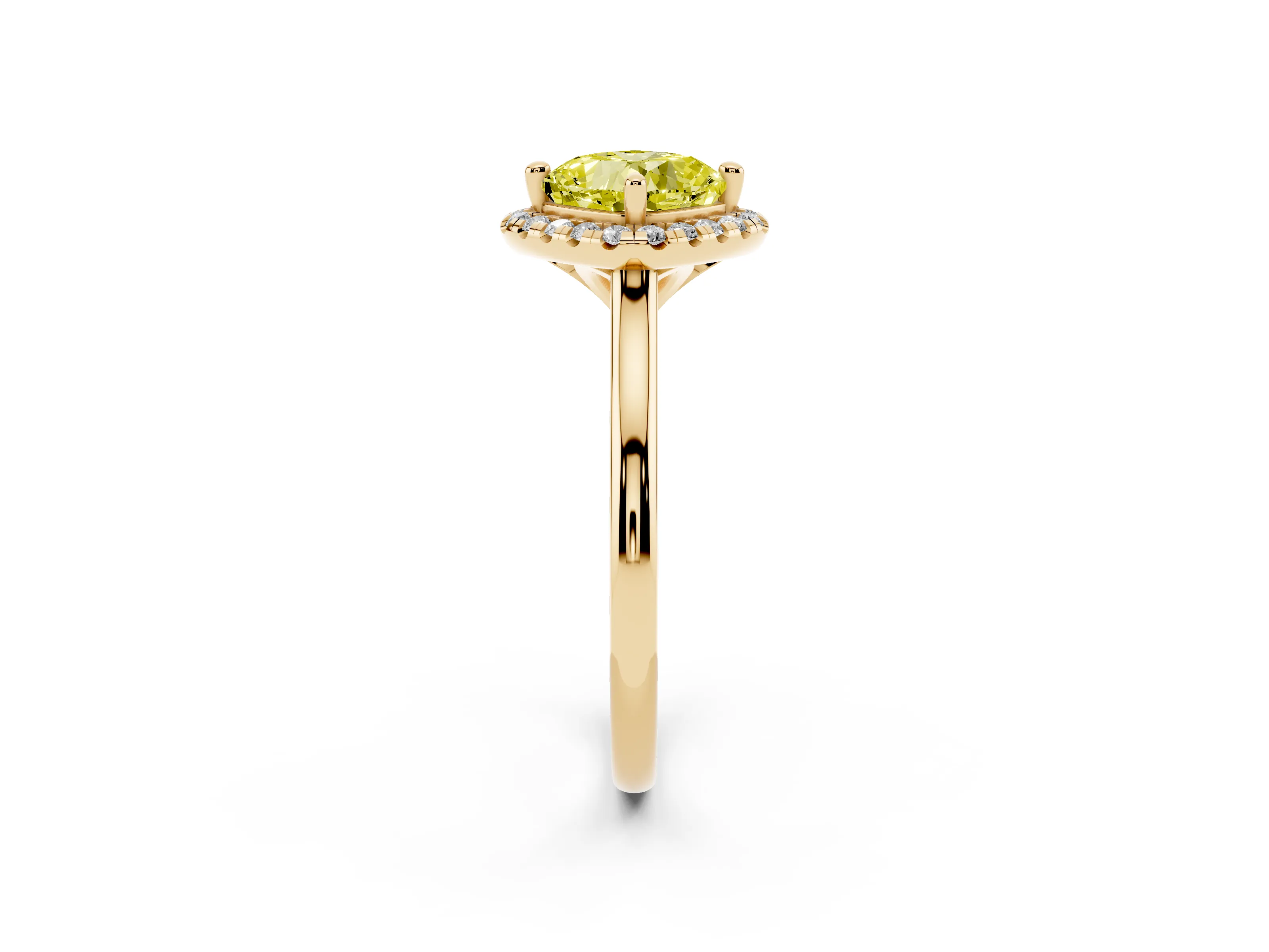 Fancy Yellow Cushion Cut Diamond Halo Engagement Ring Set in Yellow gold with Pavé Band and Rising Shoulders