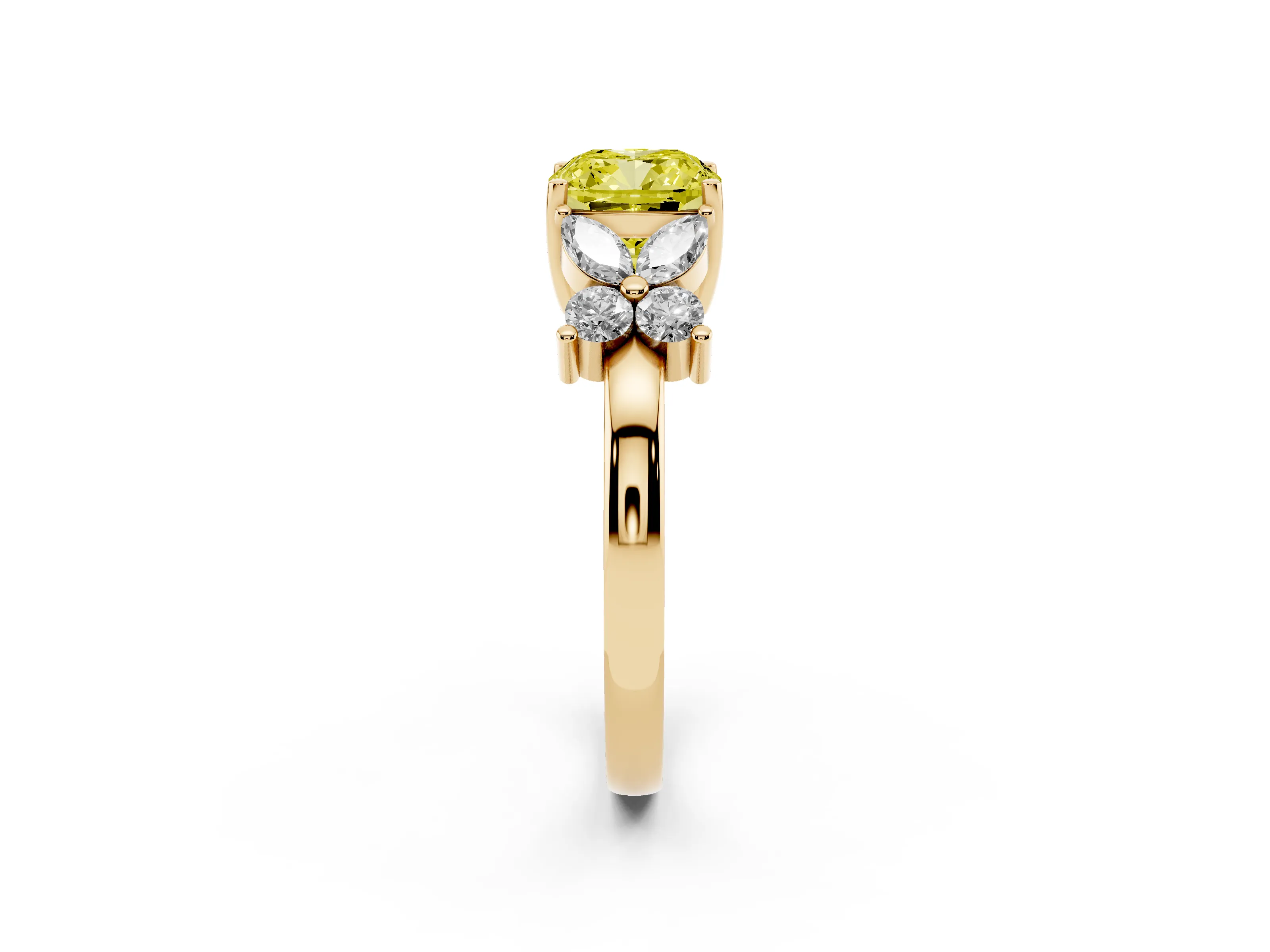 Fancy Yellow Cushion Cut Diamond Floral Cluster Ring Set in Yellow gold with Marquise Petals and Prong Setting