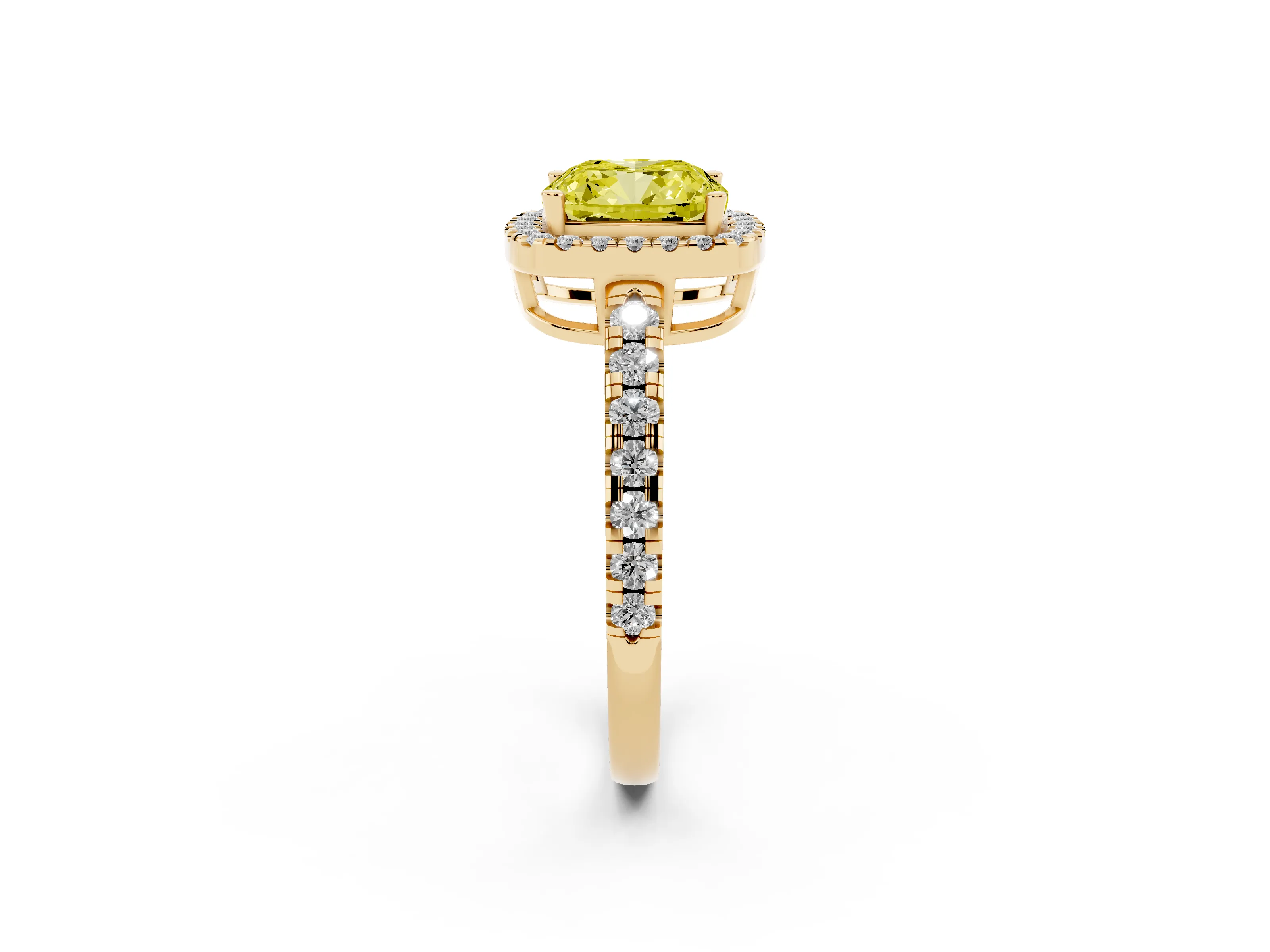 Fancy Yellow Cushion Cut Diamond Halo Ring Set in Yellow gold with Delicate Pavé Band and Prong Setting