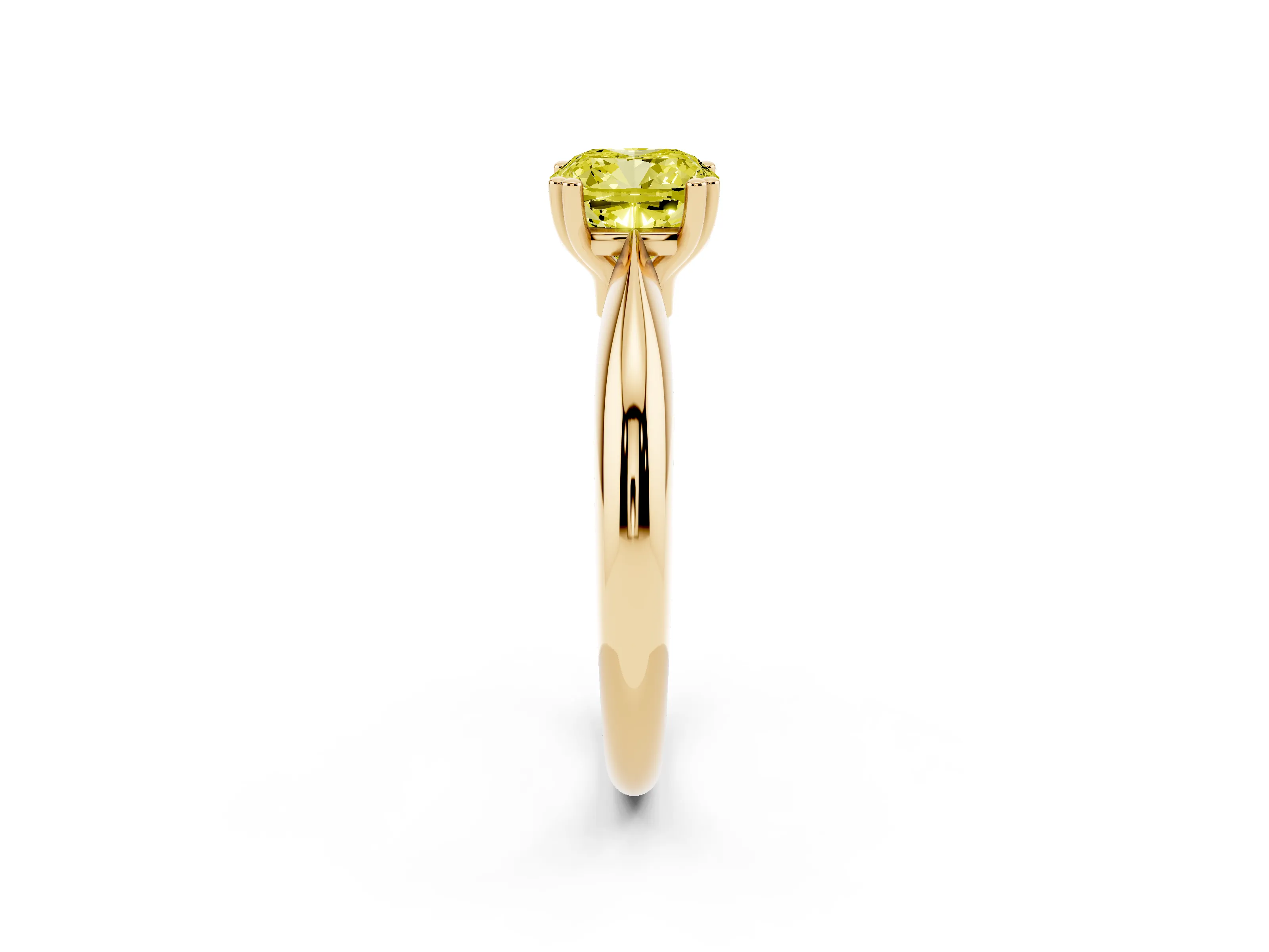 Fancy Yellow Cushion Cut Diamond Solitaire Engagement Ring Set in Yellow gold with Tapered Band and Prong Setting