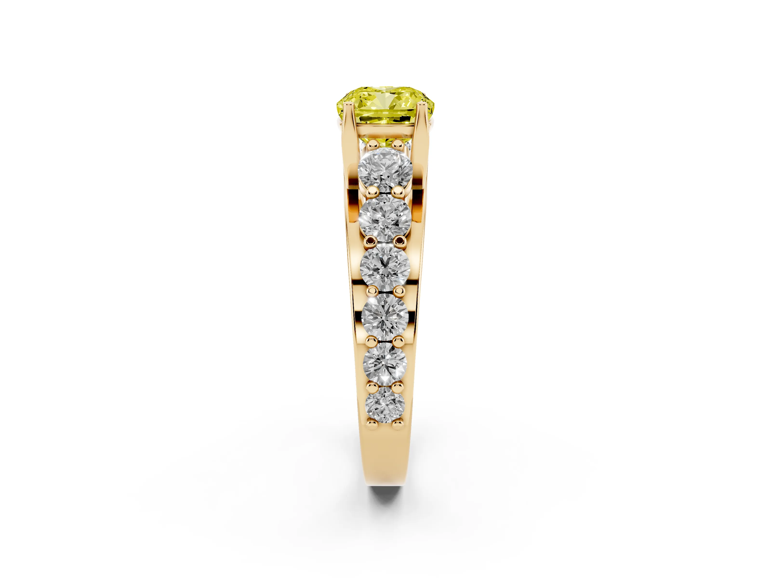 Fancy Yellow Cushion Cut Diamond Pavé Engagement Ring Set in Yellow gold with Prong Setting
