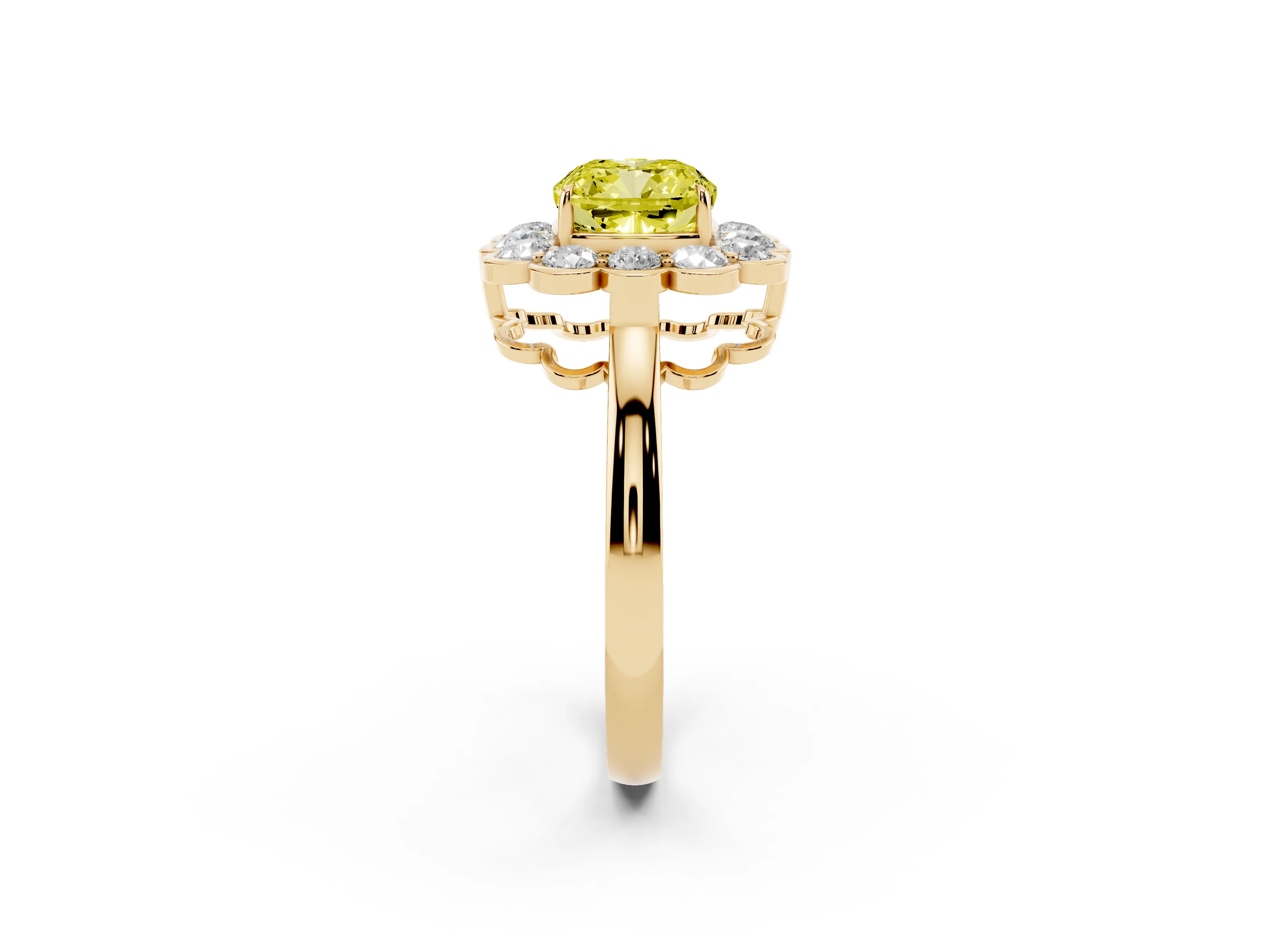 Fancy Yellow Cushion Cut Diamond Halo Cluster Engagement Ring Set in Yellow gold with Solitaire Band and Prong Setting