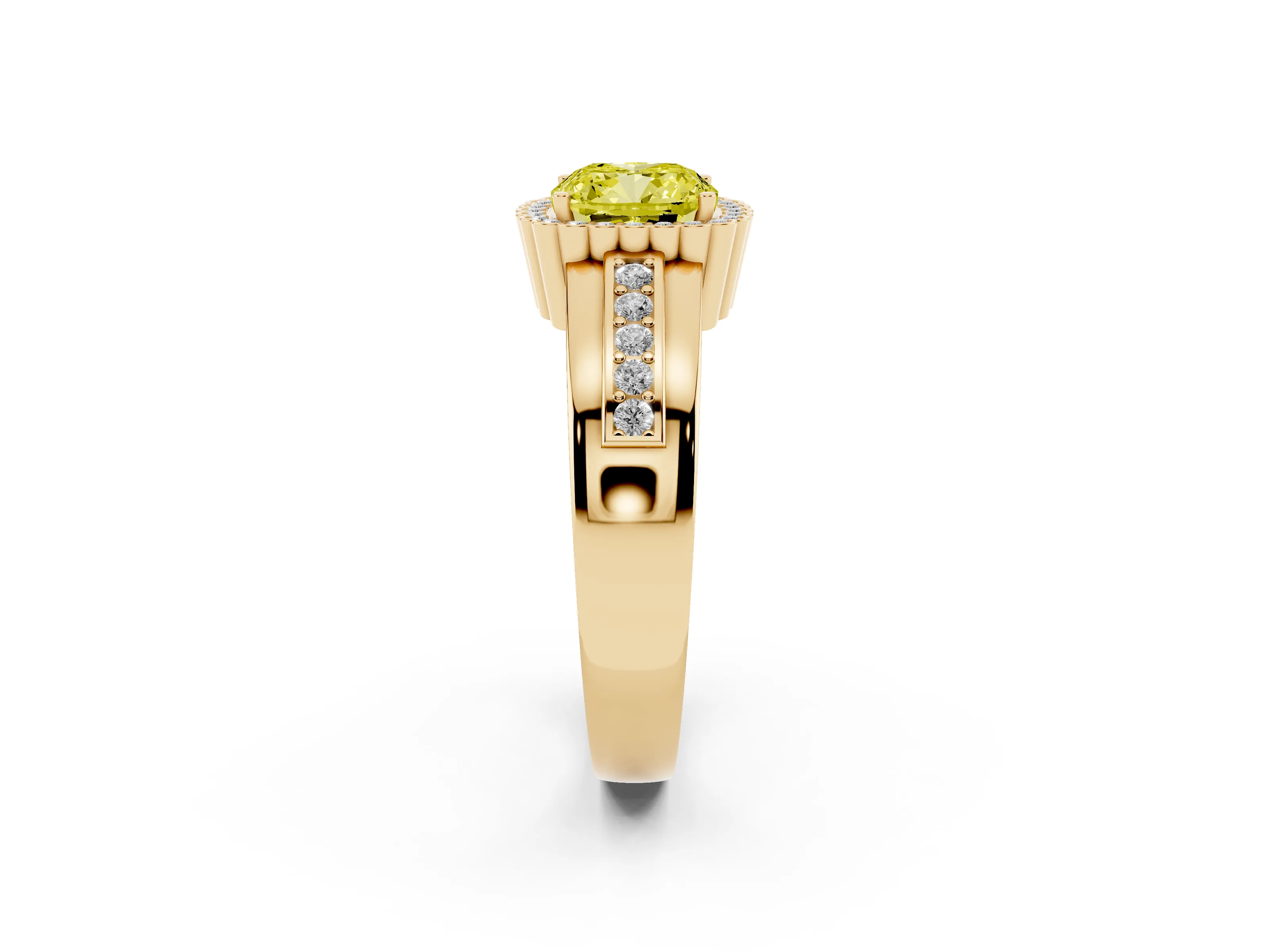 Fancy Yellow Cushion Cut Diamond Halo Prong Ring Set in Yellow gold with Pavé Band