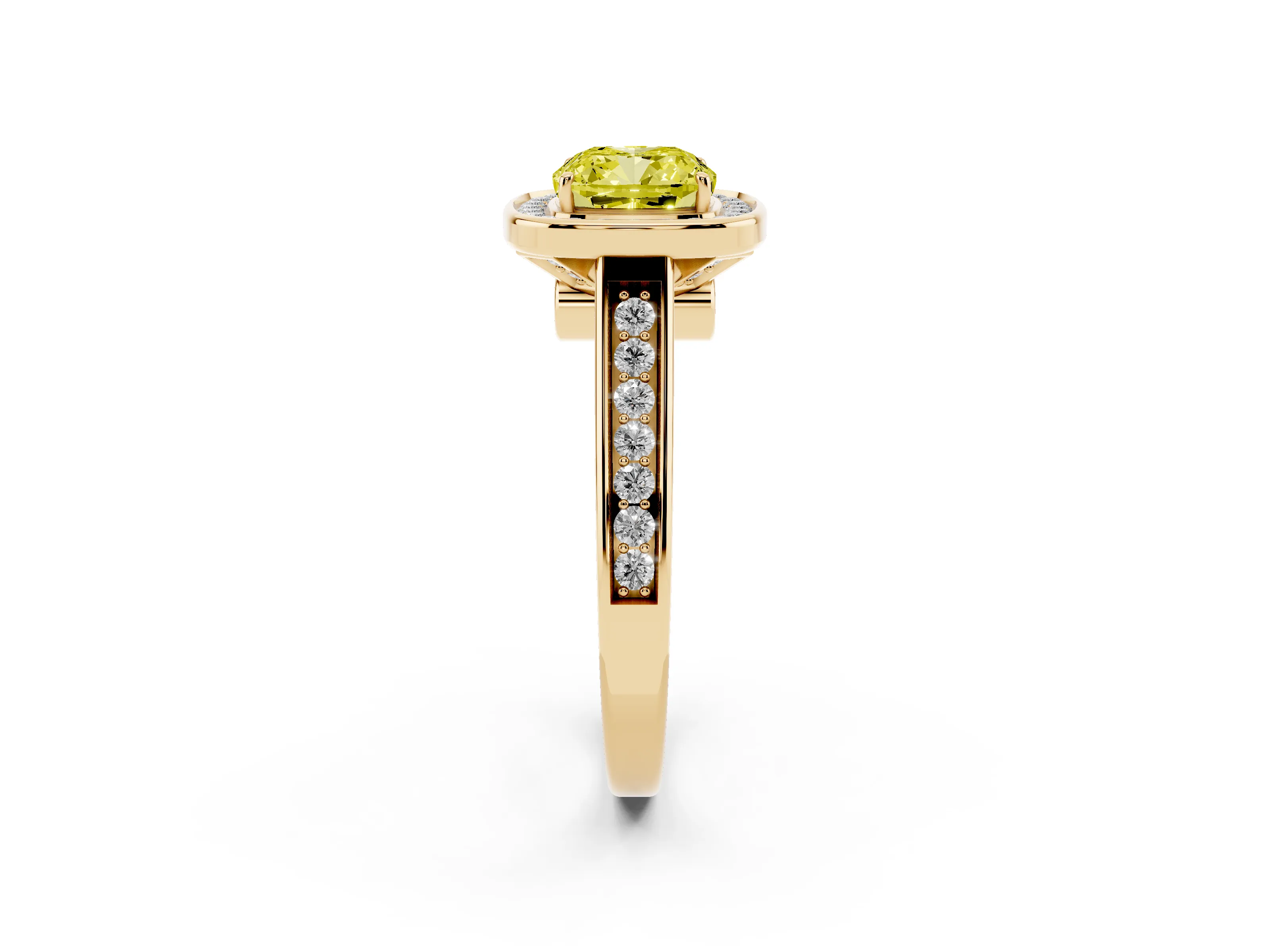 Fancy Yellow Cushion Cut Diamond Halo Solitaire Ring Set in Yellow gold with Pavé Band and Bezel Setting