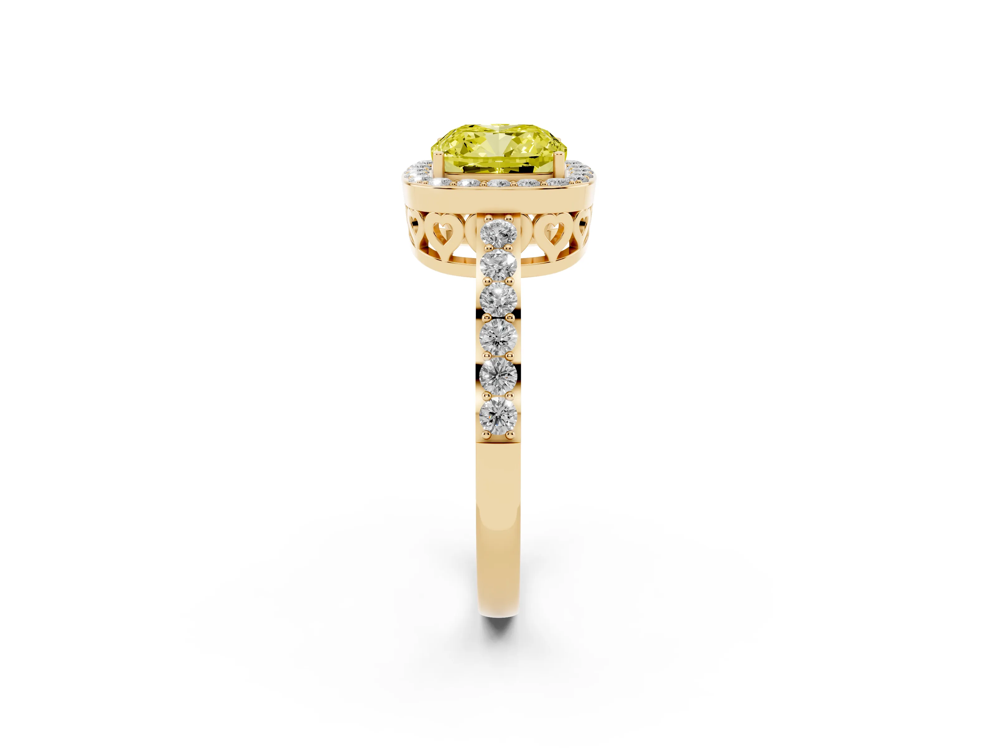 Fancy Yellow Cushion Cut Diamond Halo Ring Set in Yellow gold with Pavé-Setting Band and Open Prong Center