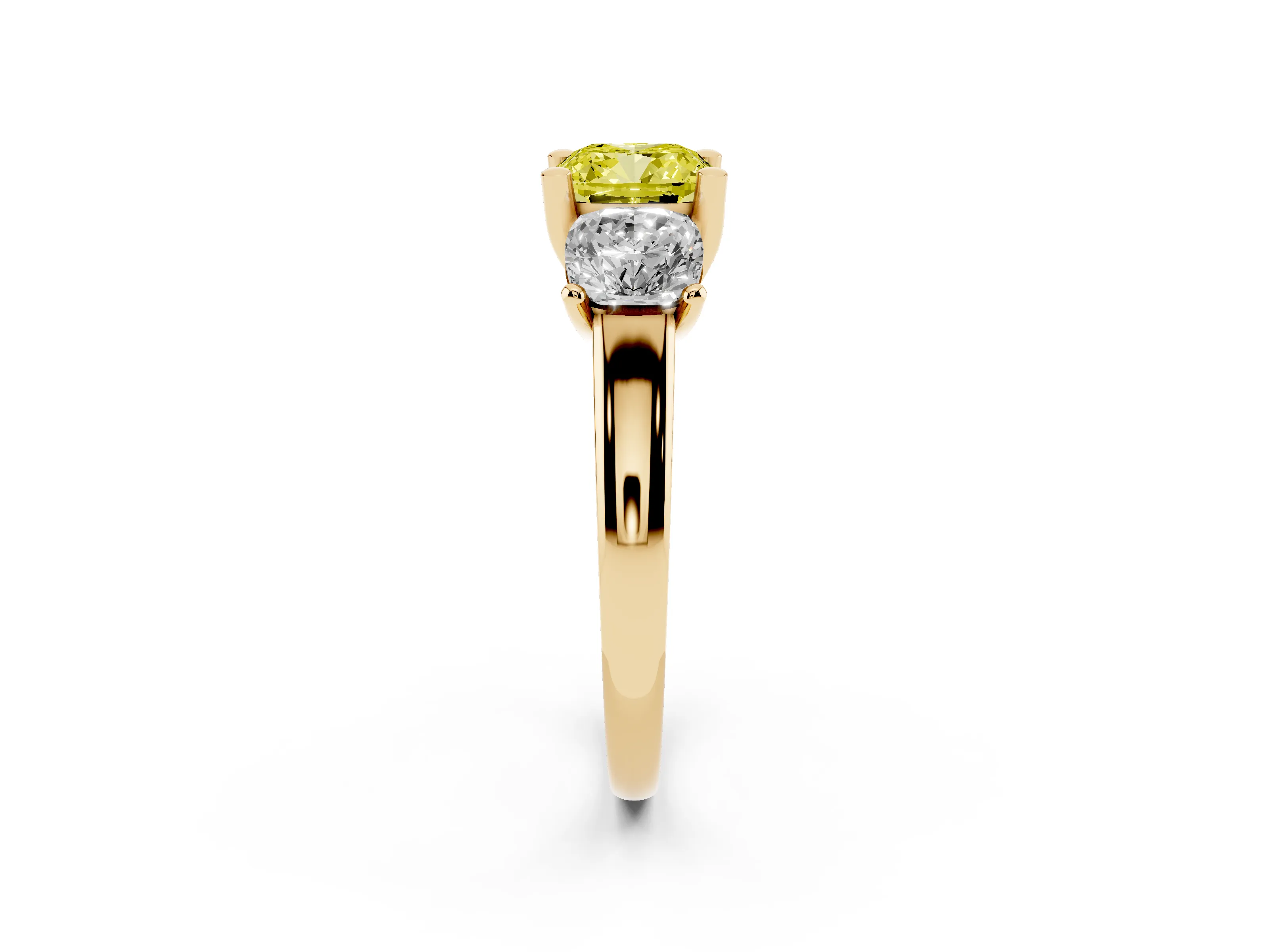 Fancy Yellow Cushion Cut Diamond Three-Stone Ring Set in Yellow gold with Classic Prong Setting and Plain Band