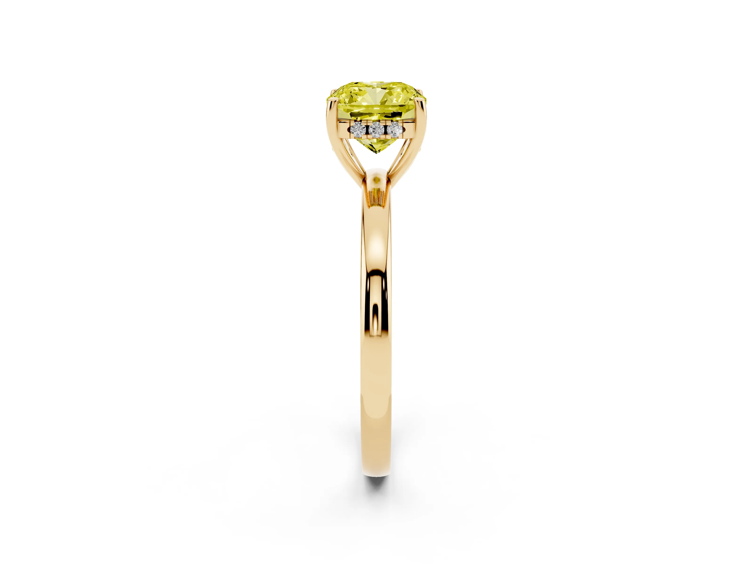 Fancy Yellow Cushion Cut Diamond Solitaire Ring Set in Yellow gold with Plain Band and Prong Setting