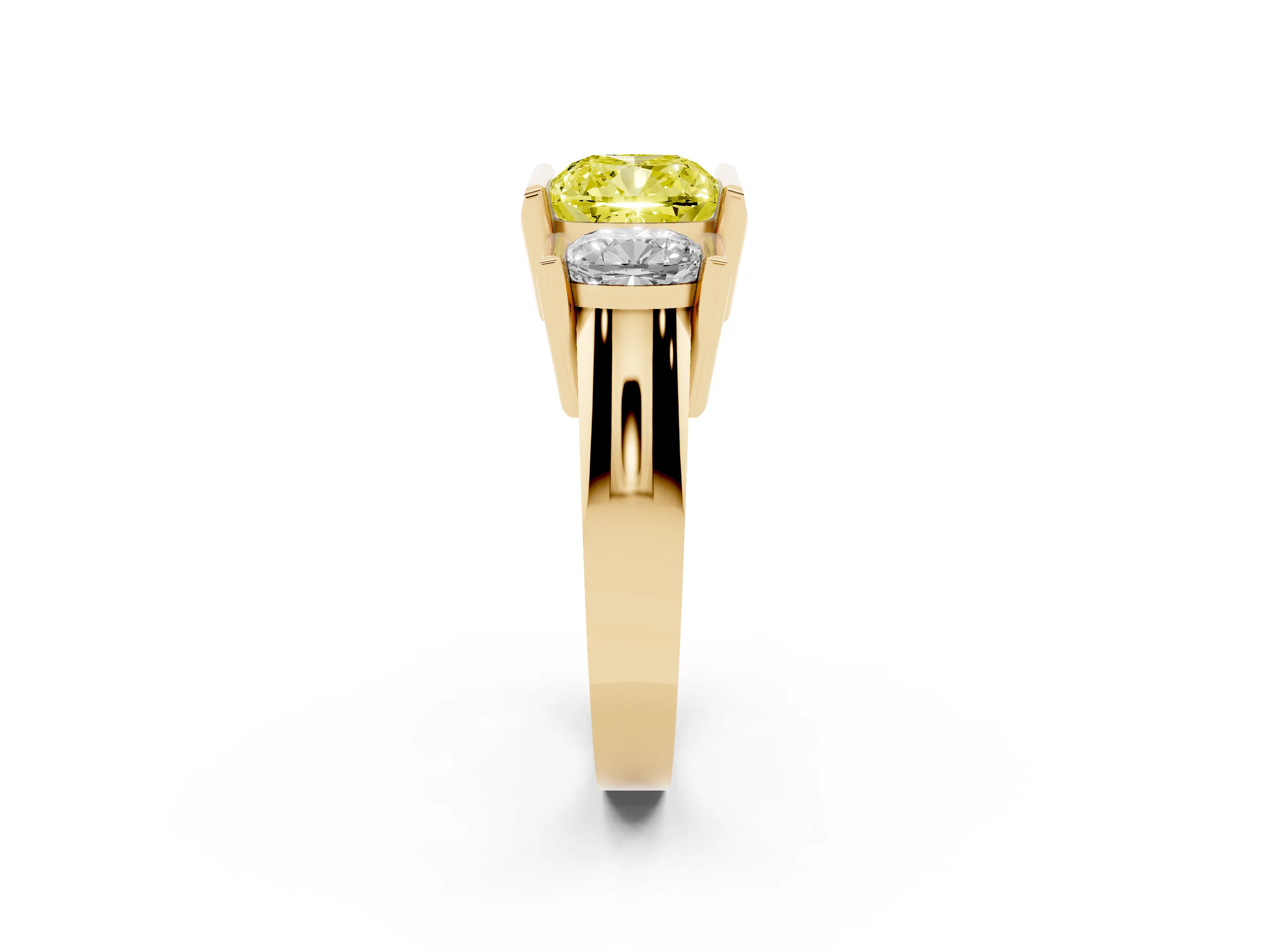 Fancy Yellow Cushion Cut Diamond Three-Stone Channel Set Ring Set in Yellow gold with Smooth Polished Band