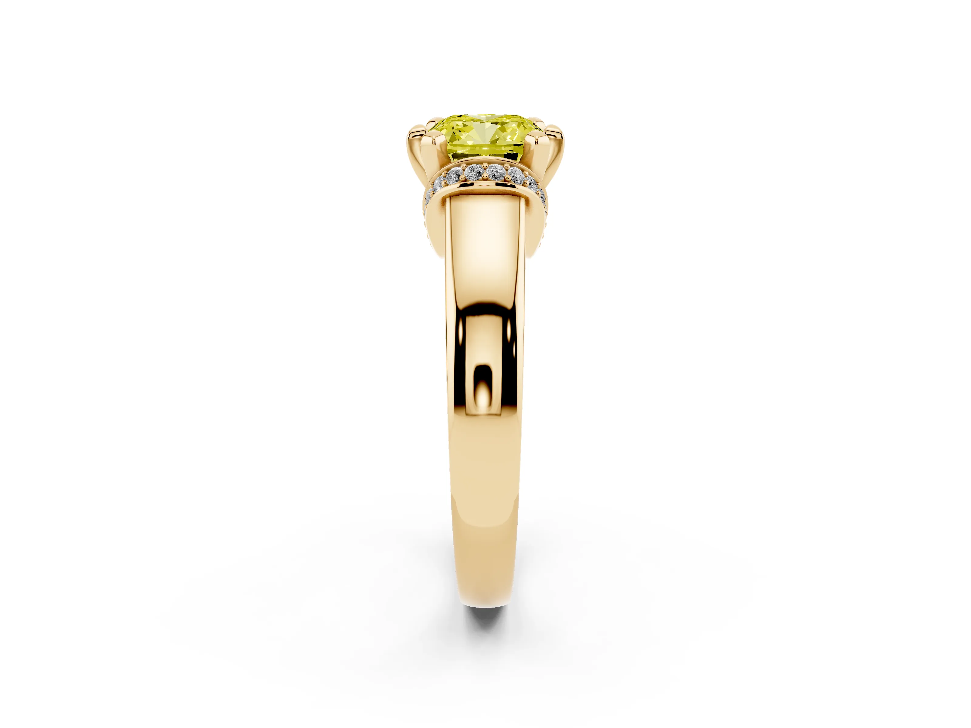 Fancy Yellow Cushion Cut Diamond Pavé Band Solitaire Ring Set in Yellow gold with Prong Setting