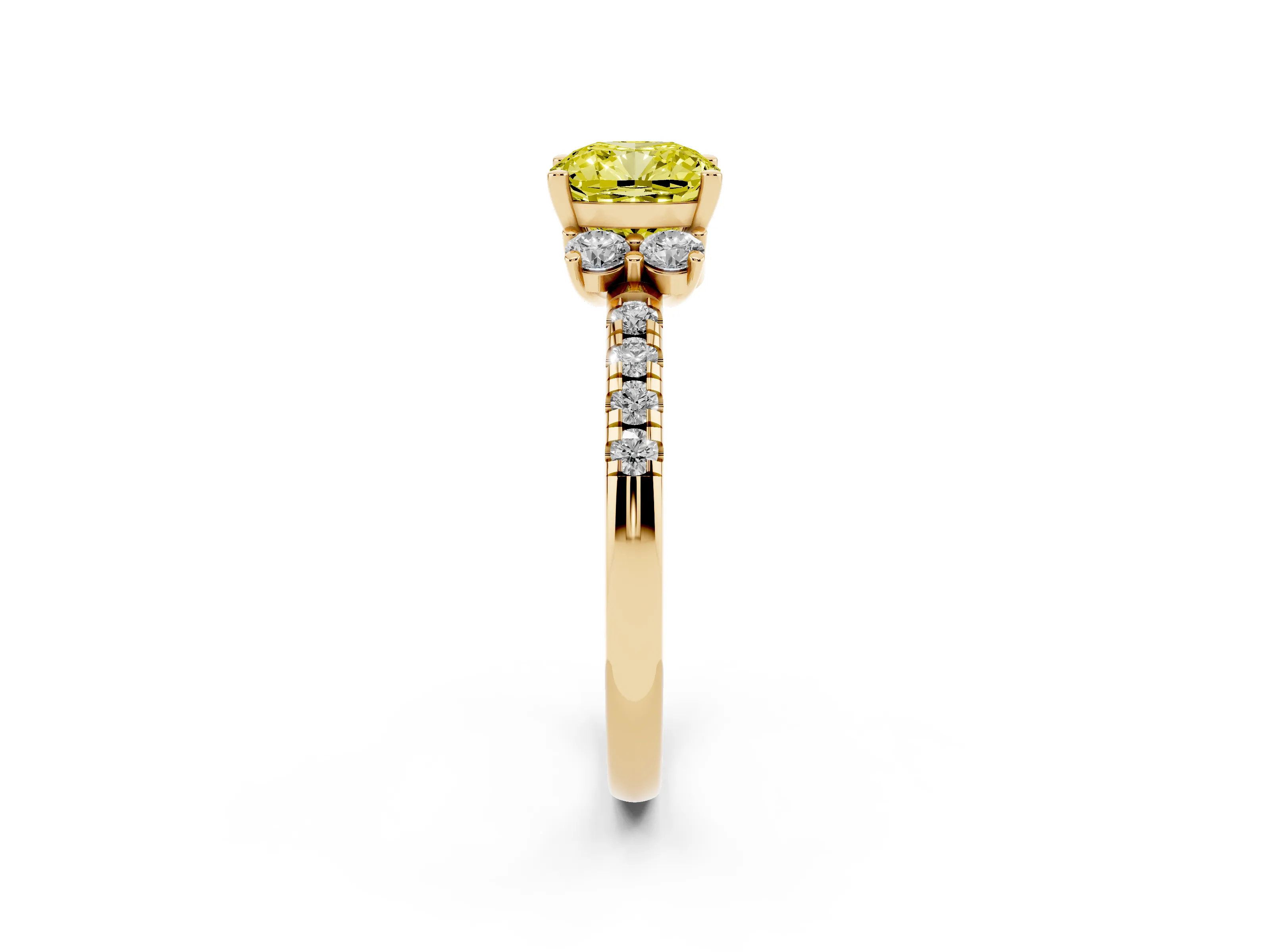Fancy Yellow Cushion Cut Diamond Three-Stone Pavé Ring Set in Yellow gold with Prong Setting