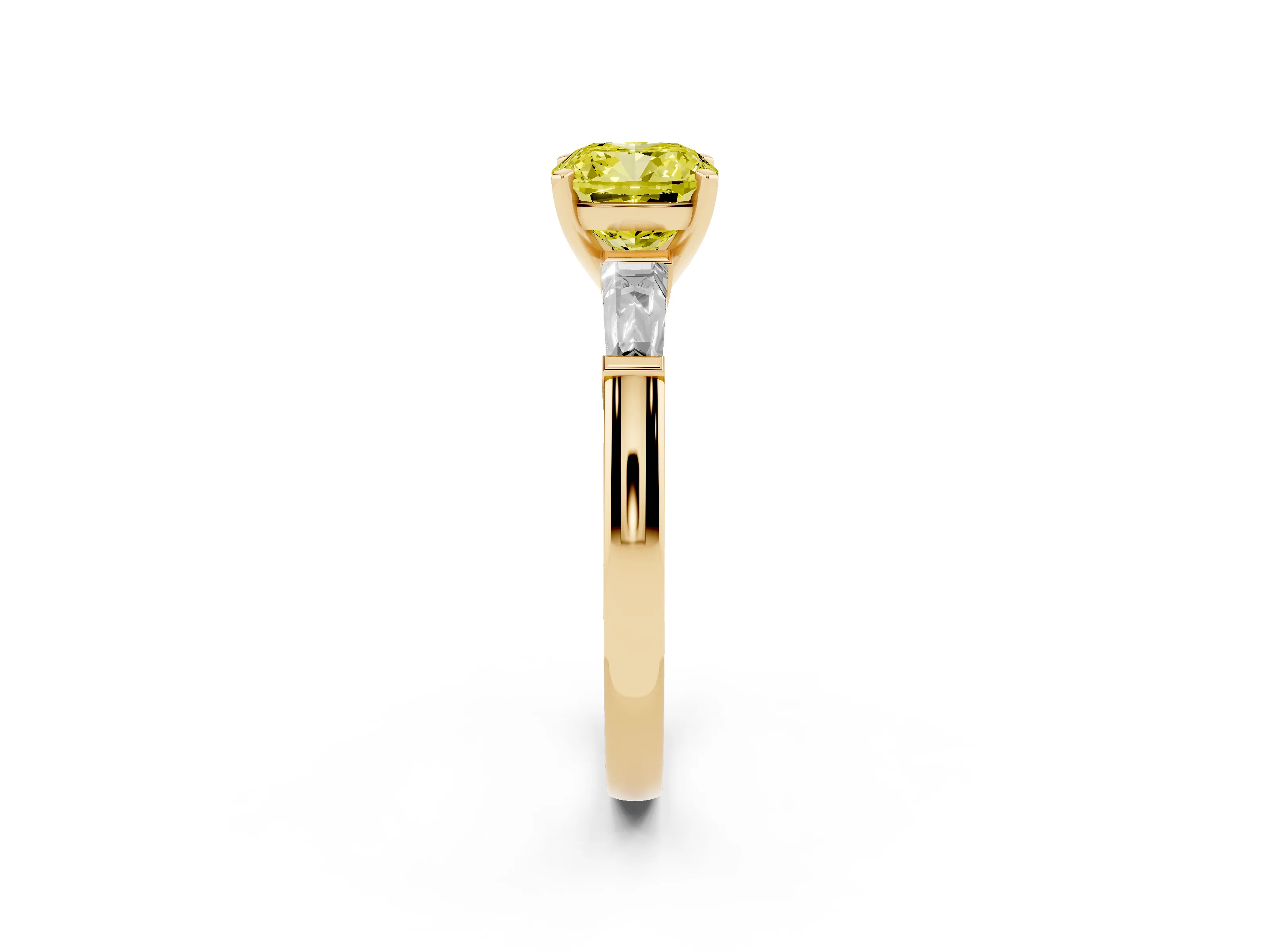 Fancy Yellow Cushion Cut Diamond Solitaire Ring Set in Yellow gold with Tapered Baguette Side Stones and Prong Setting