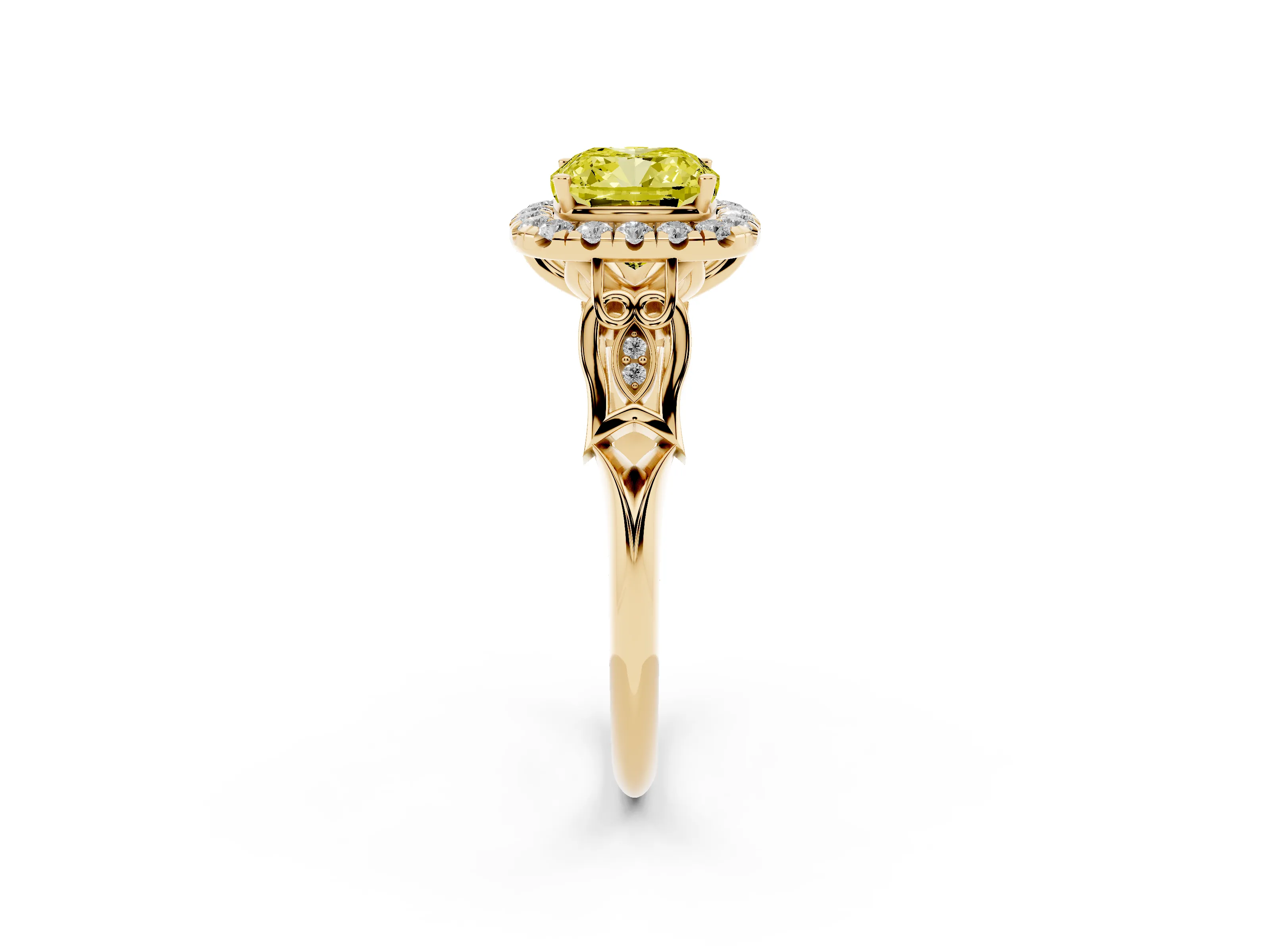 Fancy Yellow Cushion Cut Diamond Halo Engagement Ring Set in Yellow gold with Filigree Band and Prong-Set Center