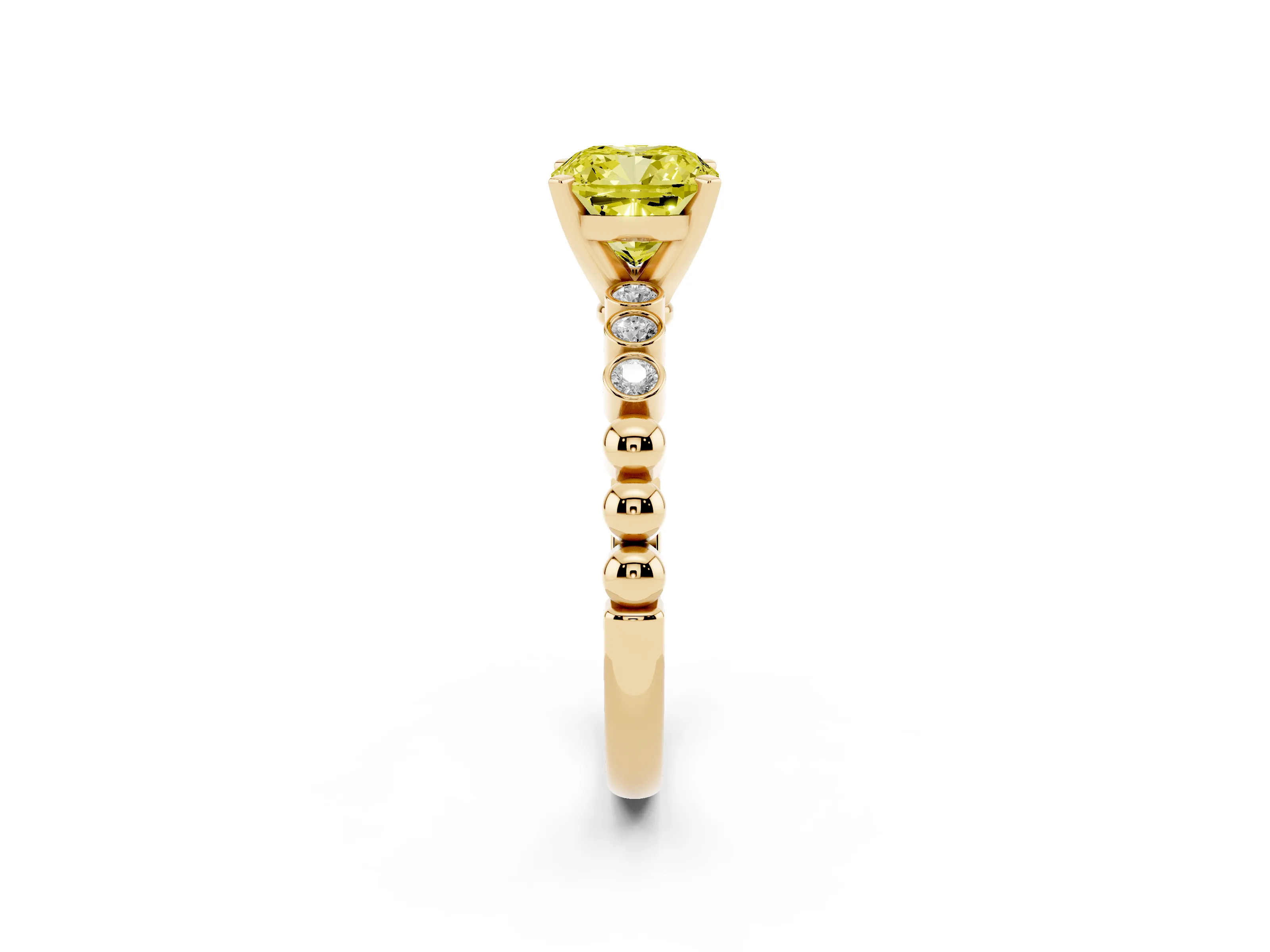 Fancy Yellow Cushion Cut Diamond Solitaire Engagement Ring Set in Yellow gold with Bezel Accents on Beaded Band