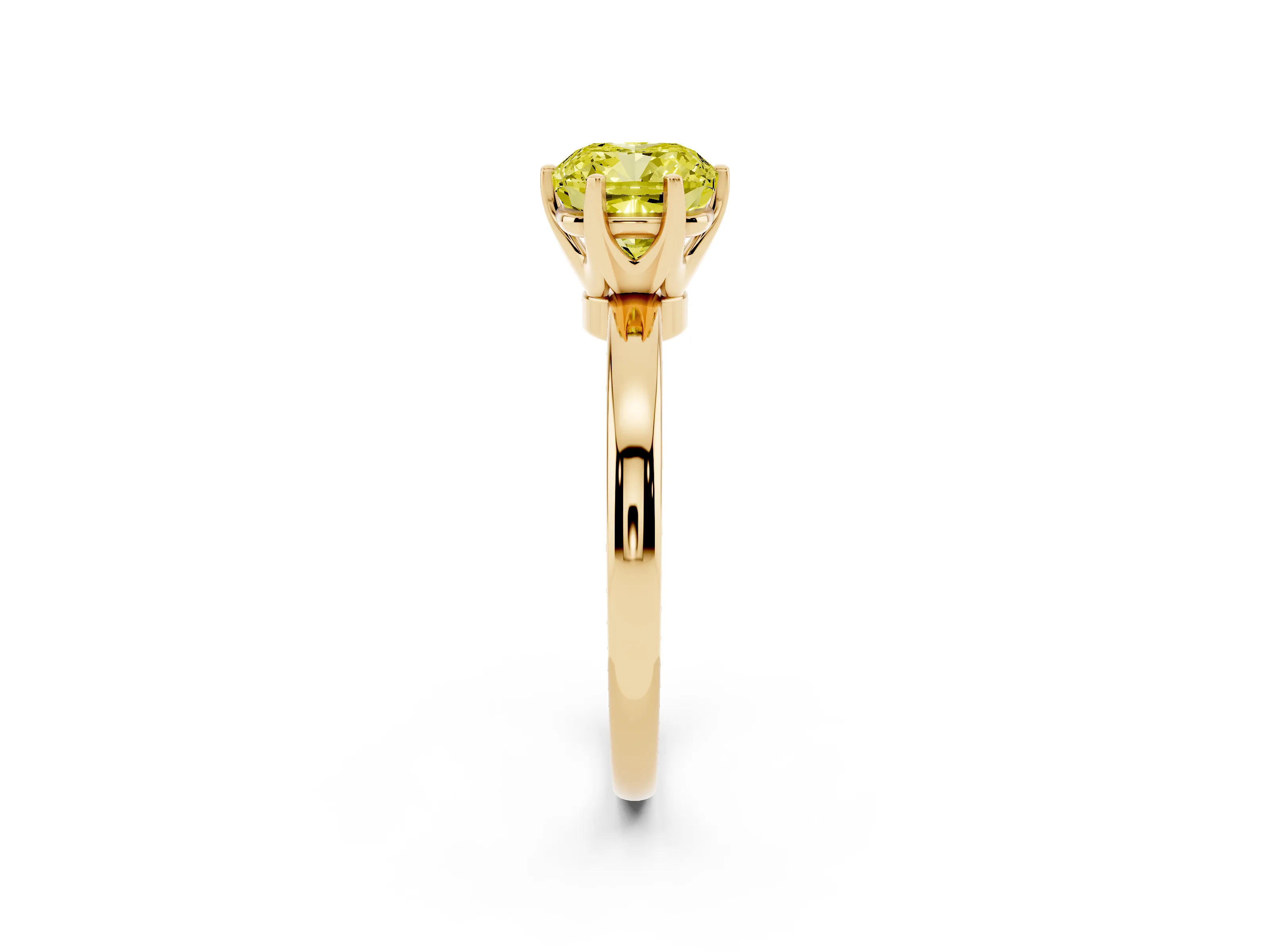Fancy Yellow Cushion Cut Diamond Solitaire Ring Set in Yellow gold with Raised Prong Setting on a Classic Band