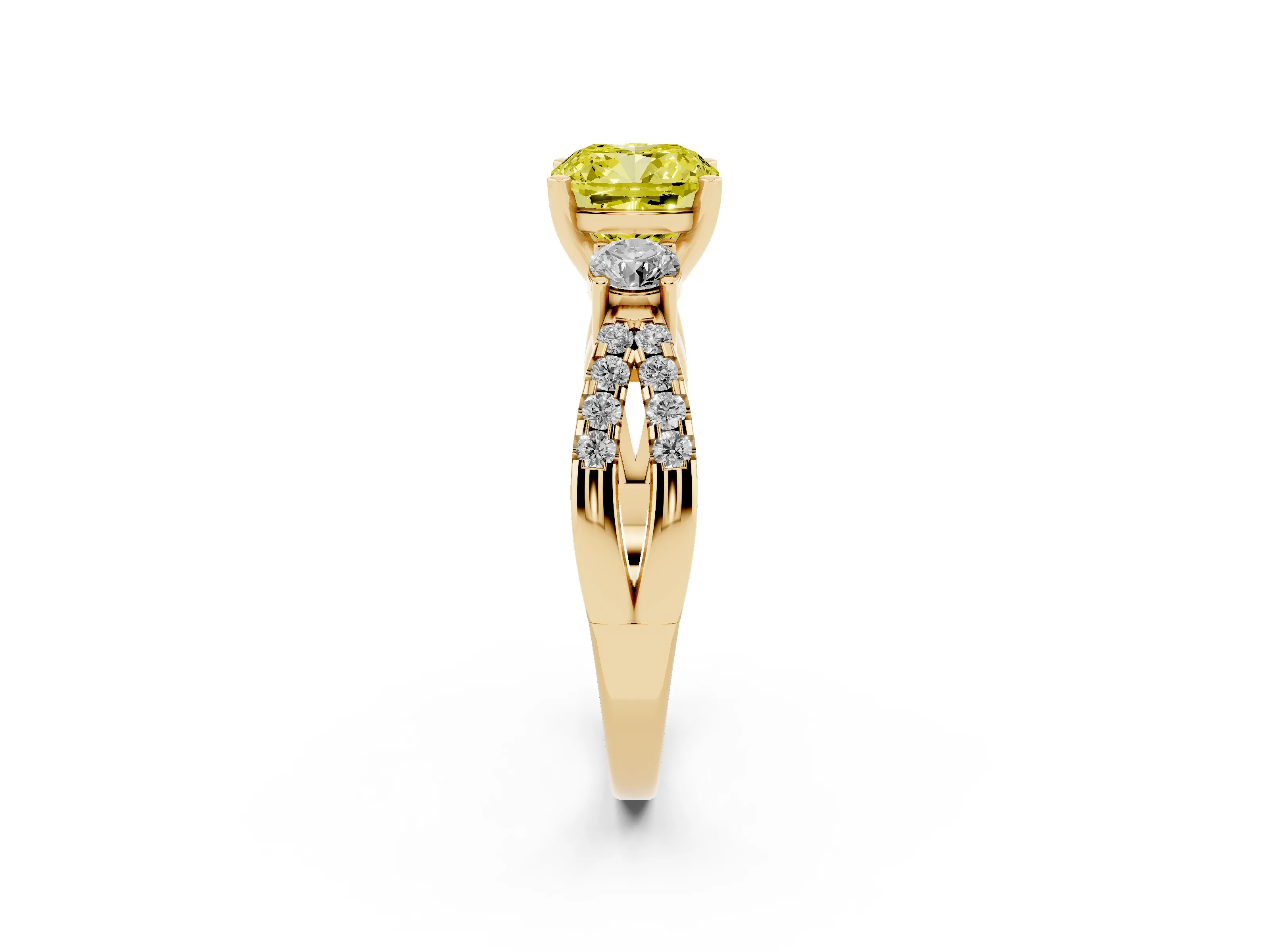 Fancy Yellow Cushion Cut Diamond Three-Stone Ring Set in Yellow gold with Pavé Split Shank and Prong Setting