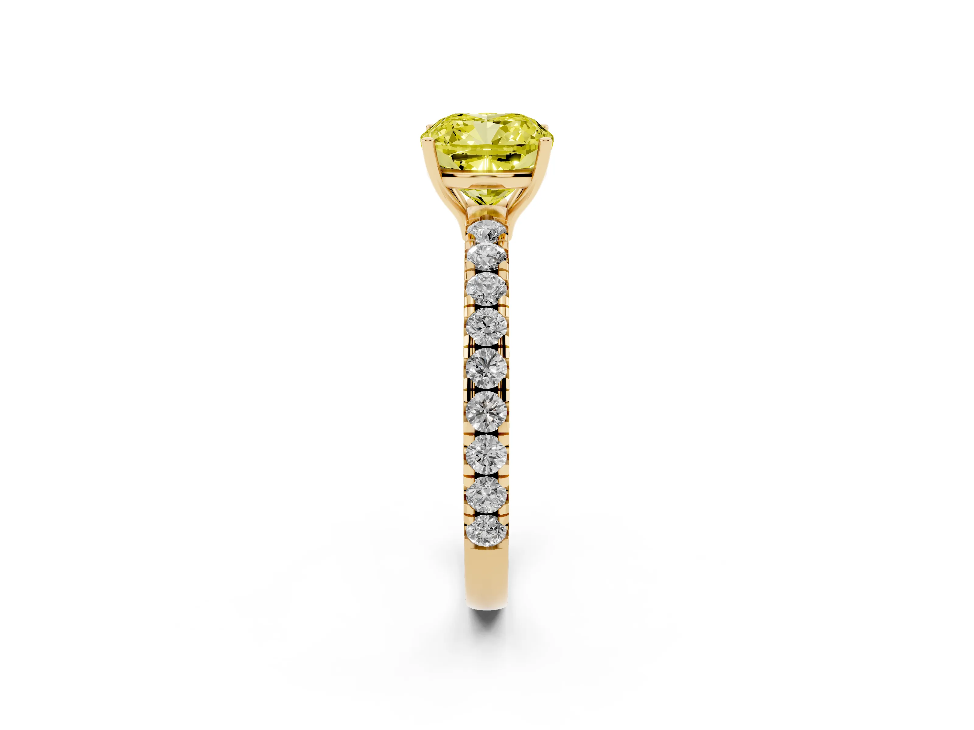 Fancy Yellow Cushion Cut Diamond Pavé Solitaire Engagement Ring Set in Yellow gold with Prong Setting