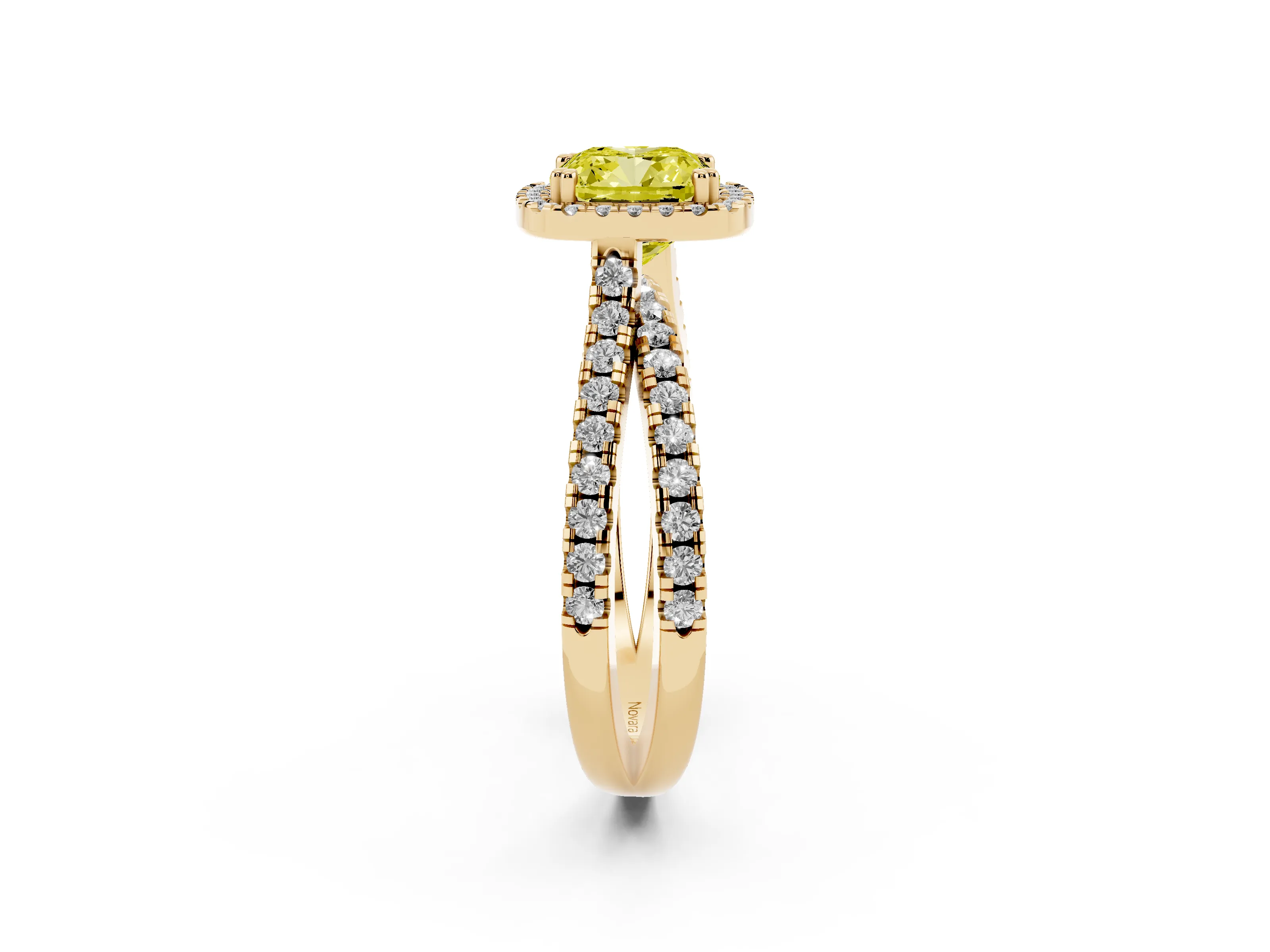 Fancy Yellow Cushion Cut Diamond Halo Split Shank Ring Set in Yellow gold with Pavé Setting