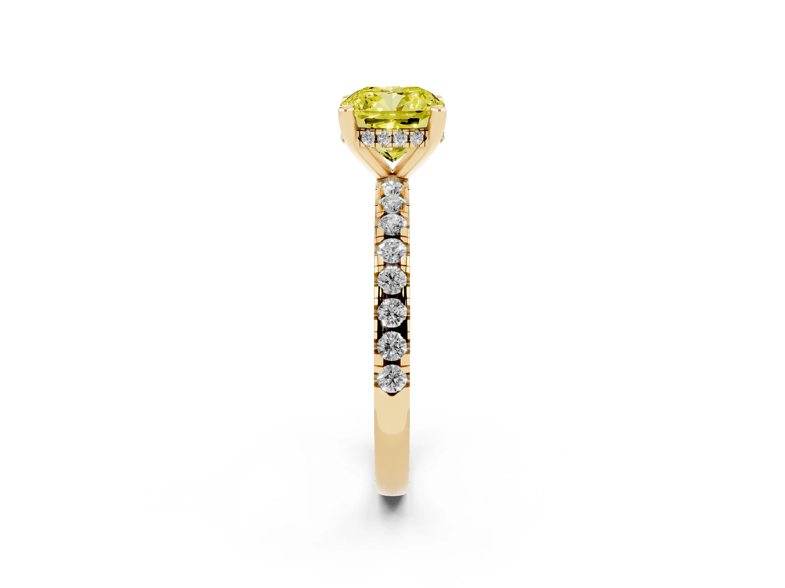 Fancy Yellow Cushion Cut Diamond Pavé Solitaire Ring Set in Yellow gold with Round Band Accents and Prong Setting