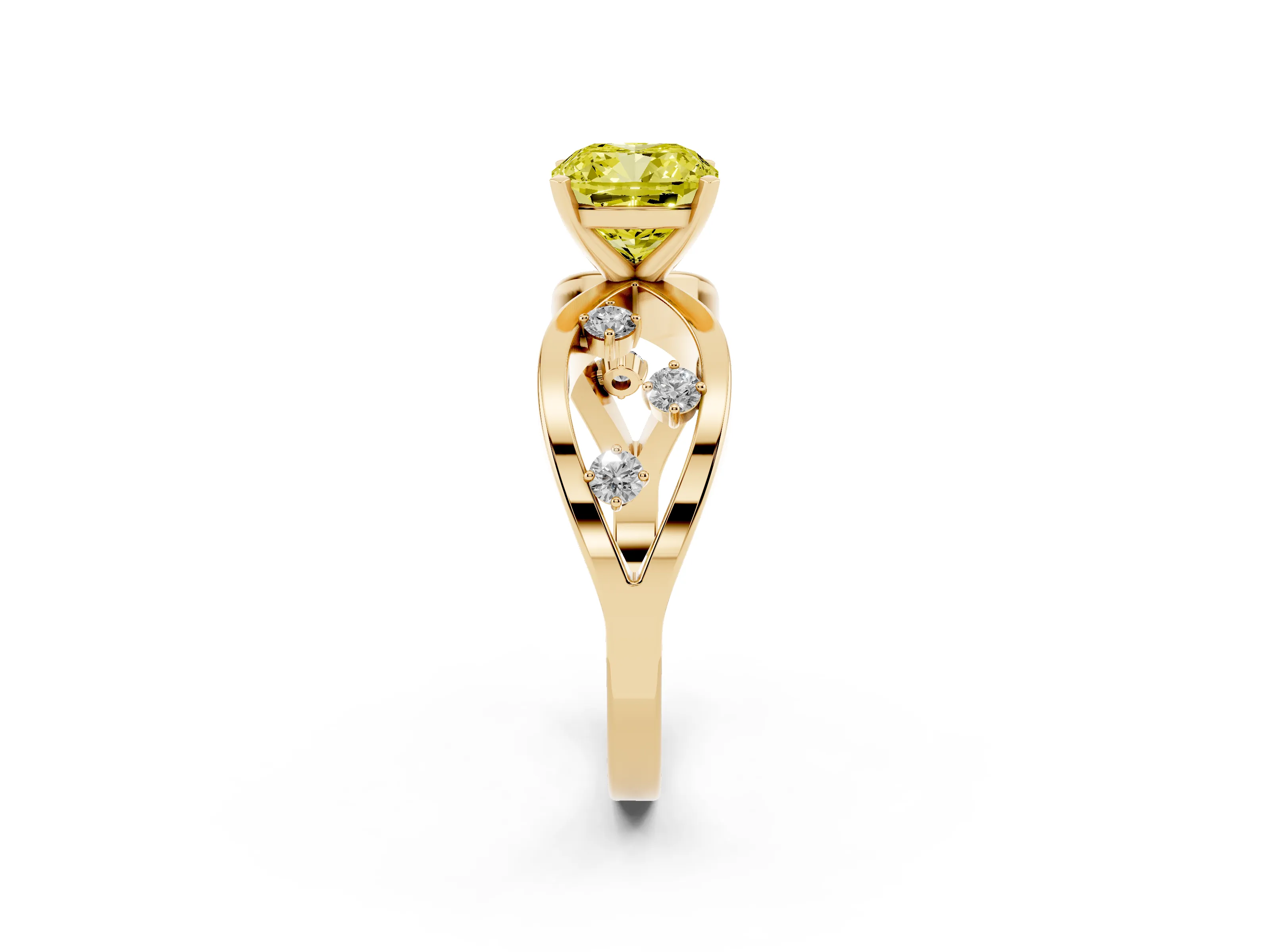 Fancy Yellow Cushion Cut Diamond Solitaire Ring Set in Yellow gold with Side Stones on Criss-Cross Band and Prong Setting