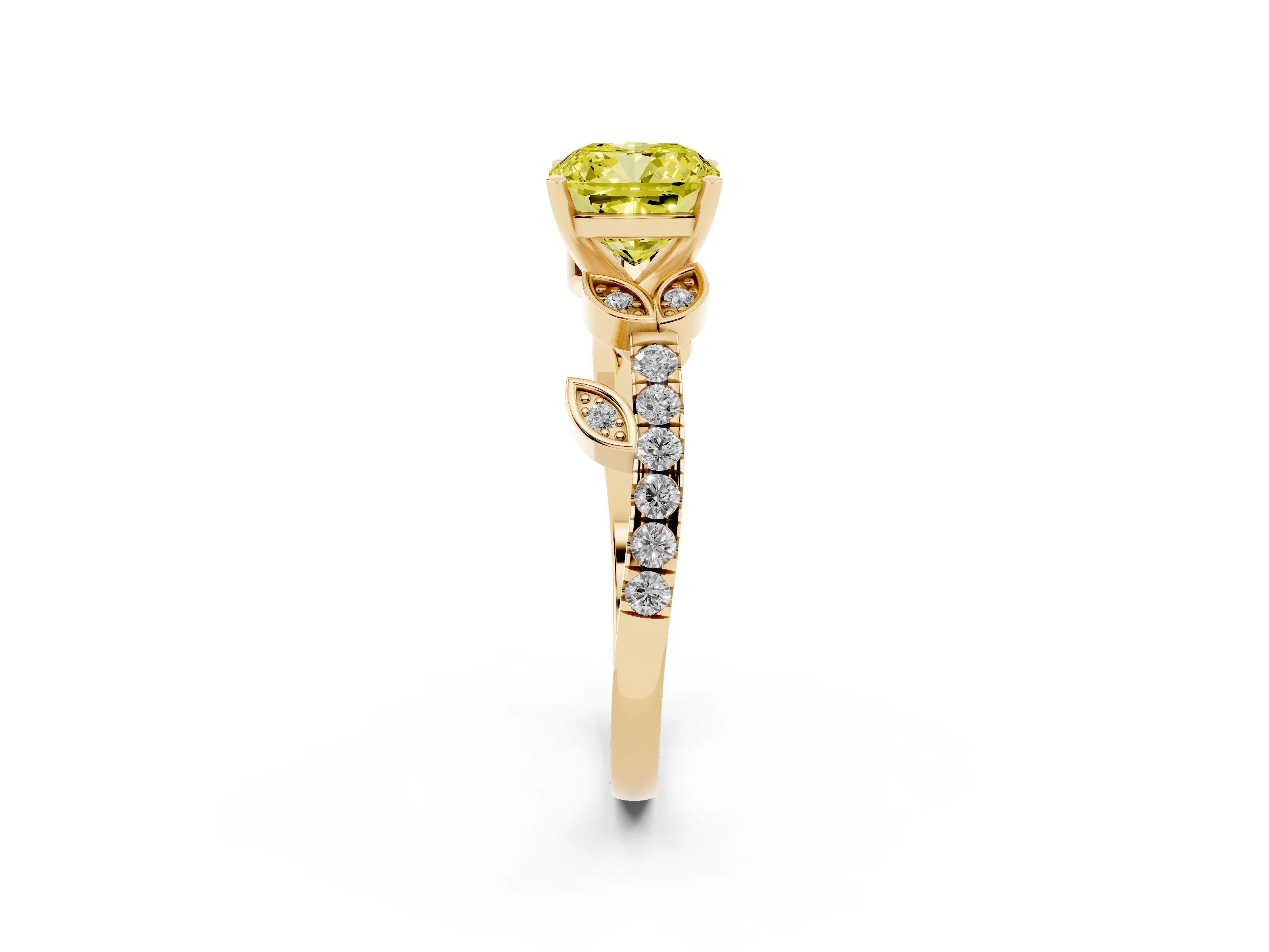 Fancy Yellow Cushion Cut Diamond Solitaire Leaf-Inspired Ring Set in Yellow gold with Pavé Band and Prong Setting