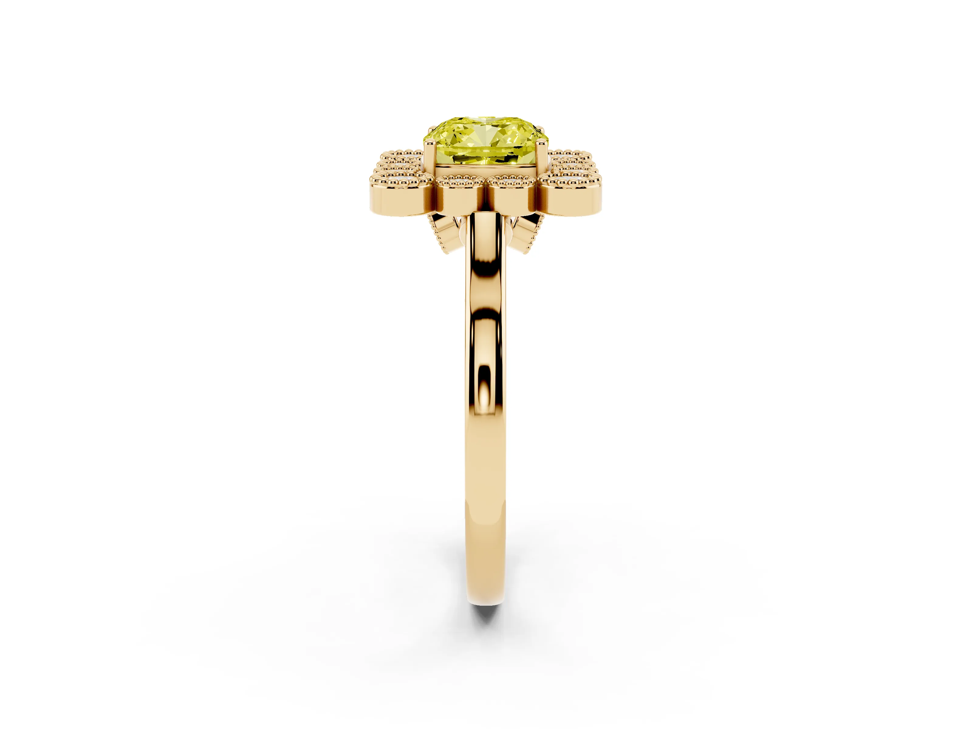 Fancy Yellow Cushion Cut Diamond Cluster Halo Ring Set in Yellow gold with Milgrain Bezel Accents and Plain Band