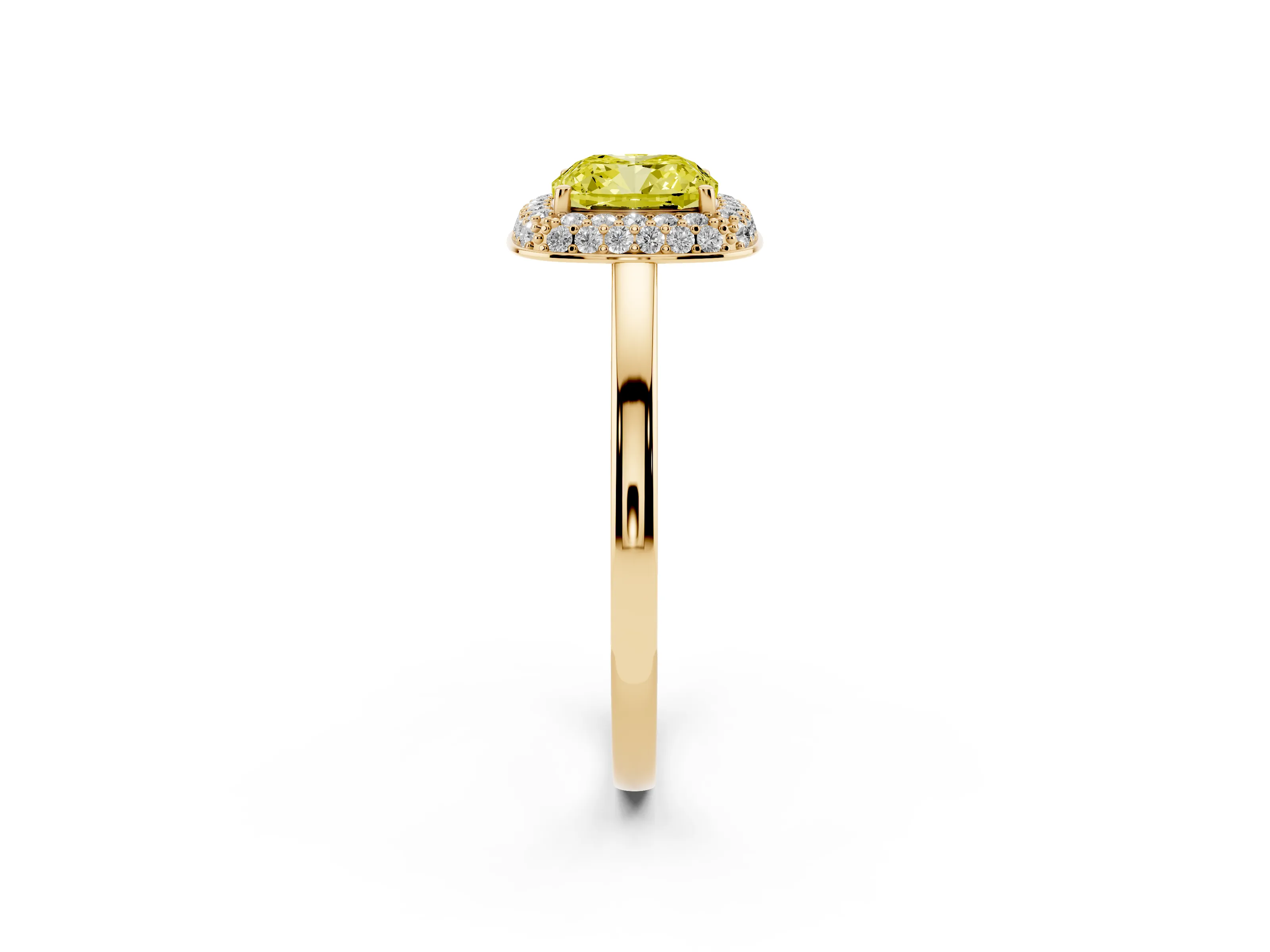Fancy Yellow Cushion Cut Diamond Halo Engagement Ring Set in Yellow gold with Solitaire Band and Prong Setting