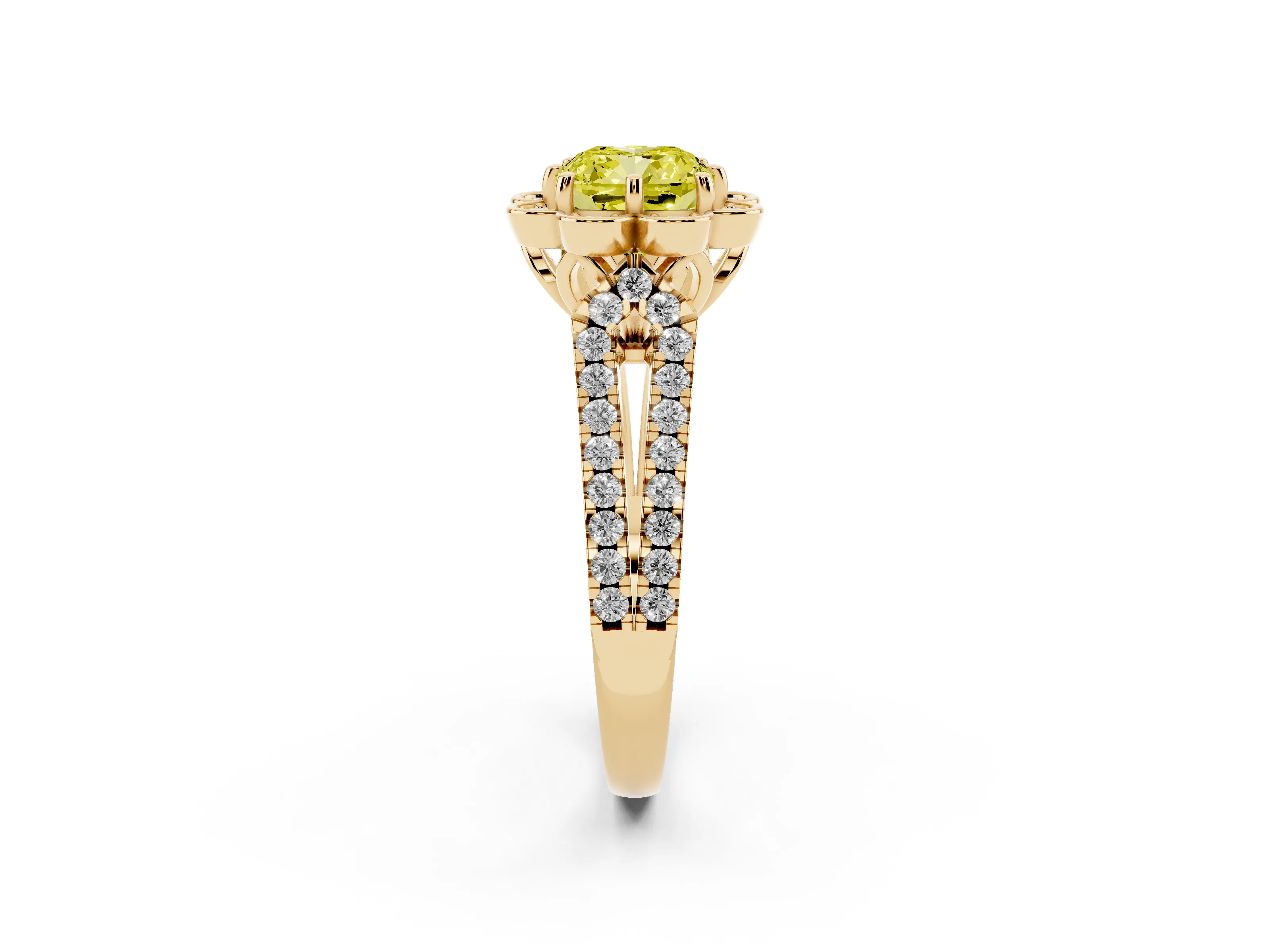 Fancy Yellow Cushion Cut Diamond Floral Halo Split Shank Engagement Ring Set in Yellow gold with Pavé Shank