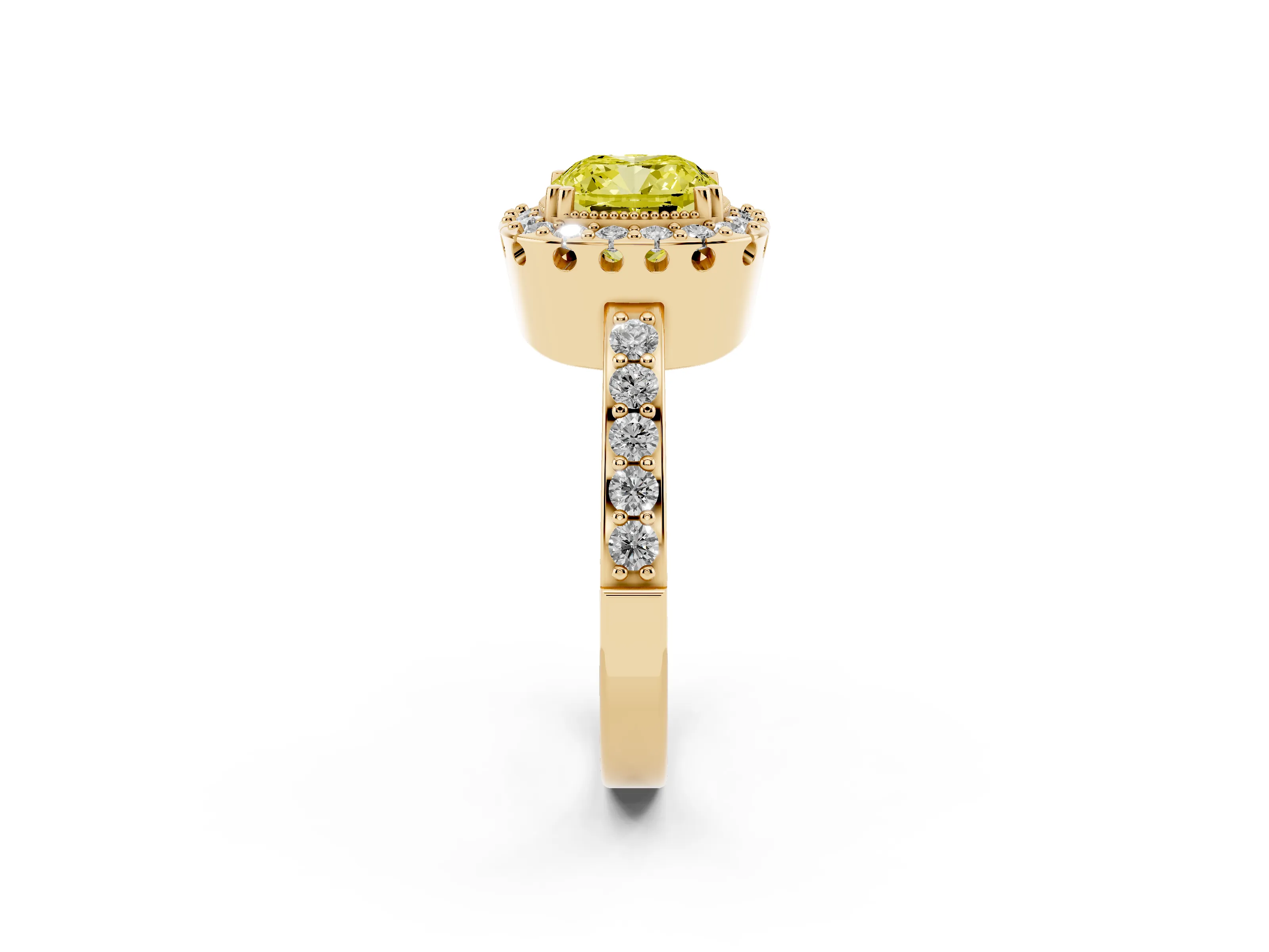 Fancy Yellow Cushion Cut Diamond Halo Ring Set in Yellow gold with Pavé Shank and Prong Setting