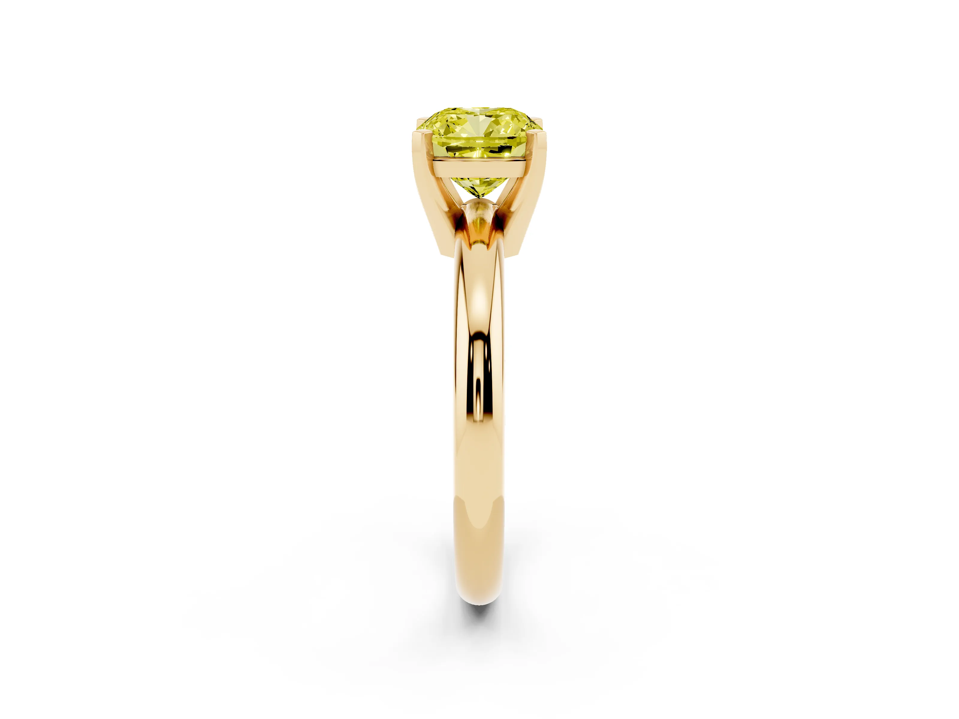 Fancy Yellow Cushion Cut Diamond Solitaire Engagement Ring Set in Yellow gold with Round Band and Prong Setting